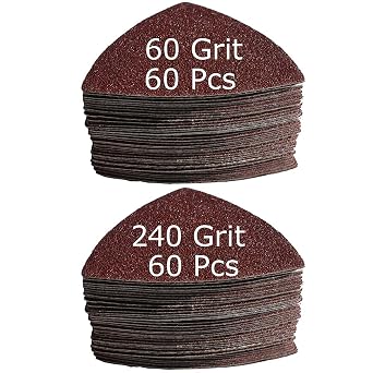 XXGO 120 Pcs 3-1/8 Inch 80mm Triangular Oscillating Multi Tool Sanding Pads Kits Include 60 Grits 240 Grits Triangular Multitool Sandpaper 60 Pcs Each XGM0310