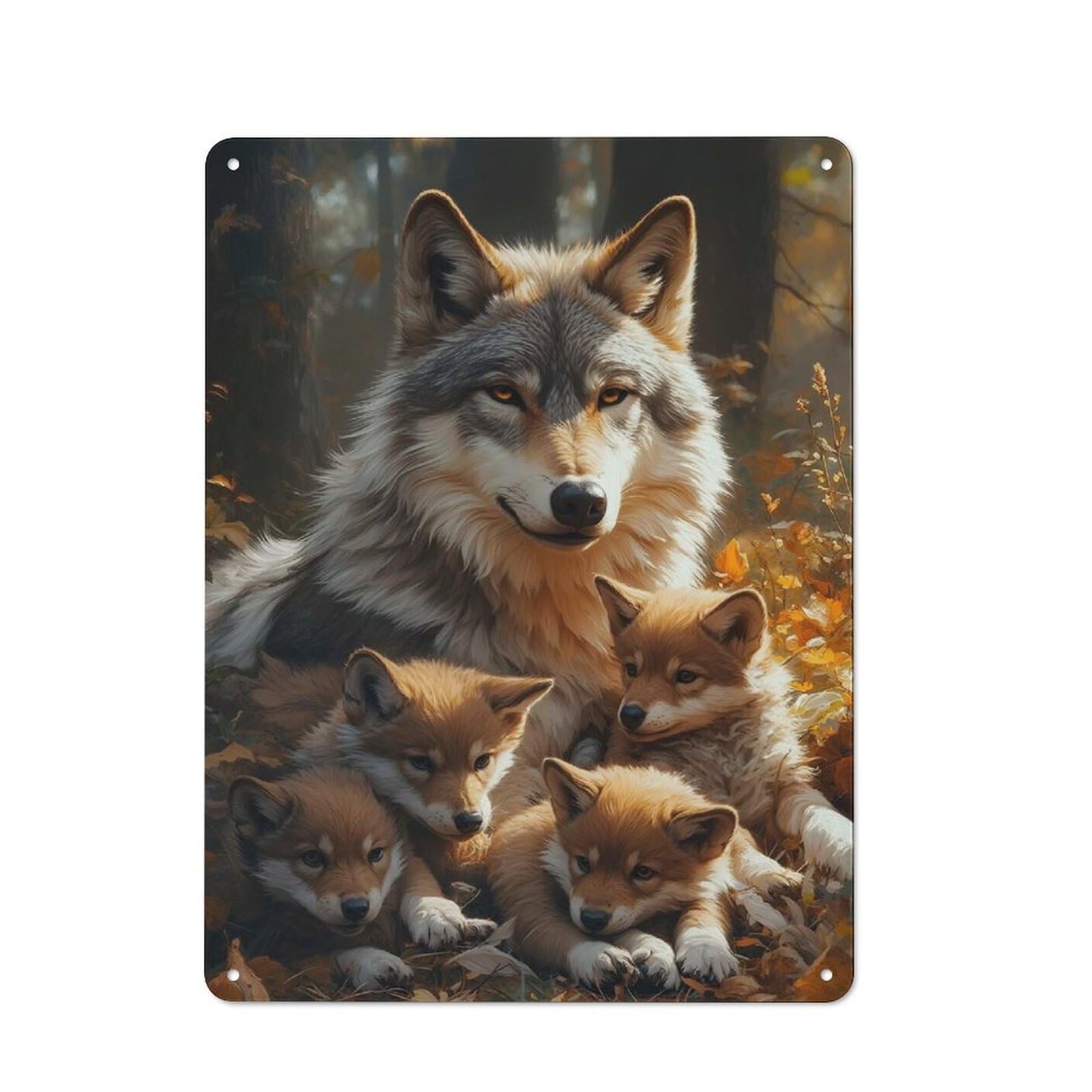 Junmoney Style-10 Country Style Kitchen Metal Sign 40X30cm Featuring Wolf Family Portrait In Autumn Forest, Diner Style Decor For Kitchen, Cafe, Pantry Or Dining Room