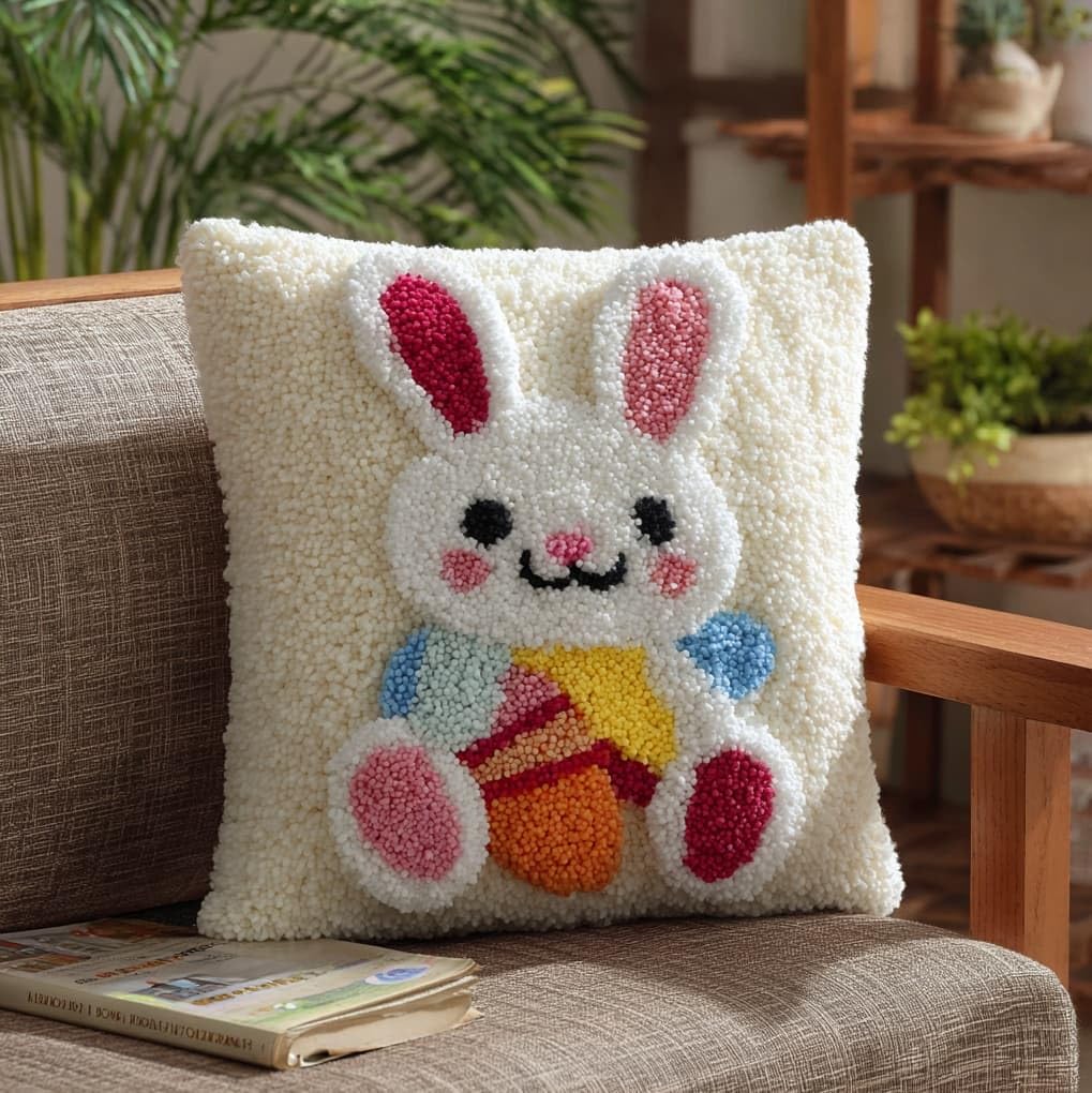 WallustrioaW Latch Hook Pillow Case Kits,Cute Cartoon Rabbit,Embroidery Kits DIY Latch Hook for Aadults Cross Stitch Cushion,17x17in