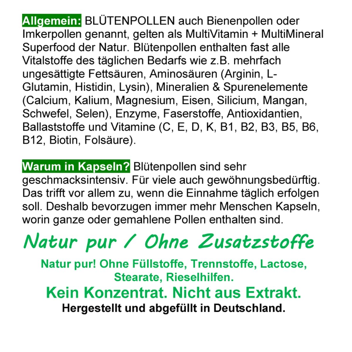 BLÜTENPOLLEN Bienenpollen 720 (2x360) Kapseln SUPERFOOD OHNE ZUSATZSTOFFE natürliche Vitamine, Mineralien, Antioxidantien. Reine Imkerpollen, Imkerqualität. Kalt vermahlen. 100% NATUR pur. 27000-6