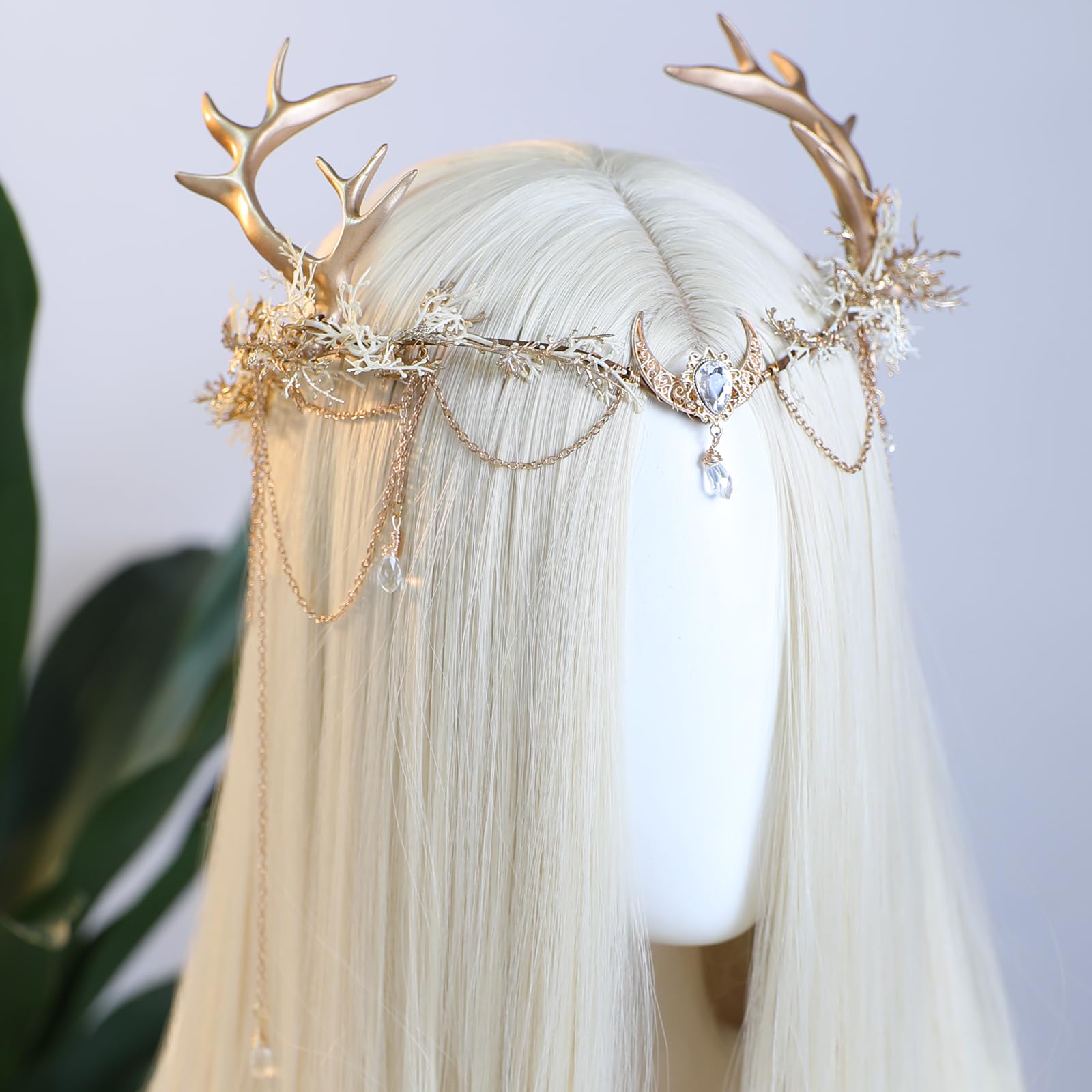 MOSTORY Couronne de fleurs pour costume de chevreuil, couronne de fleurs dorées avec pompon et lune pour cosplay, costume de carnaval