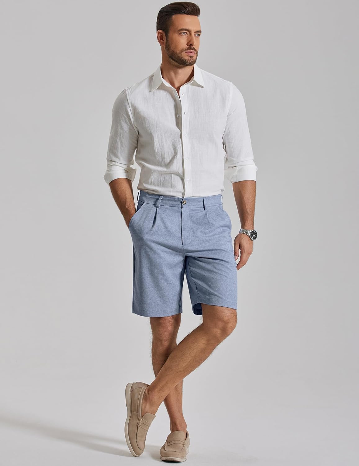 COOFANDY Men's Casual Shorts Pleated Front 9" Linen Textured Dress Shorts - Image 2