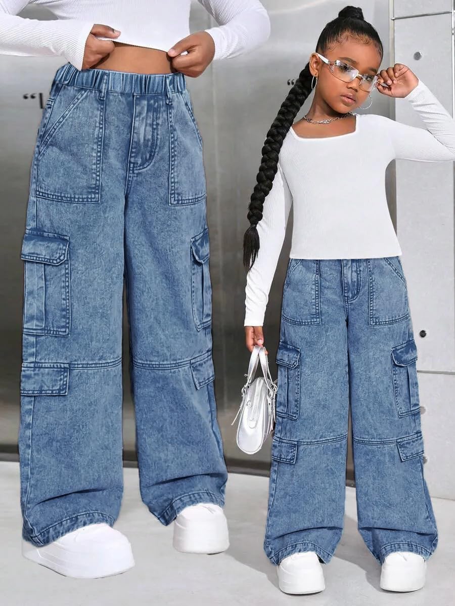 Tween Girls Clothes 2 Piece Long Sleeve Top + Denim Cargo Pants, Teen Girls Fall Clothing Set, Sizes 5-12 Years