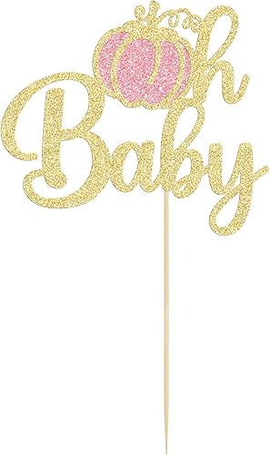 Miniatura 3 de Gyufise 1 paquete de decoración de pastel de calabaza Oh Baby con purpurina rosa, tema de otoño, calabaza, niña, baby shower, decoración para baby