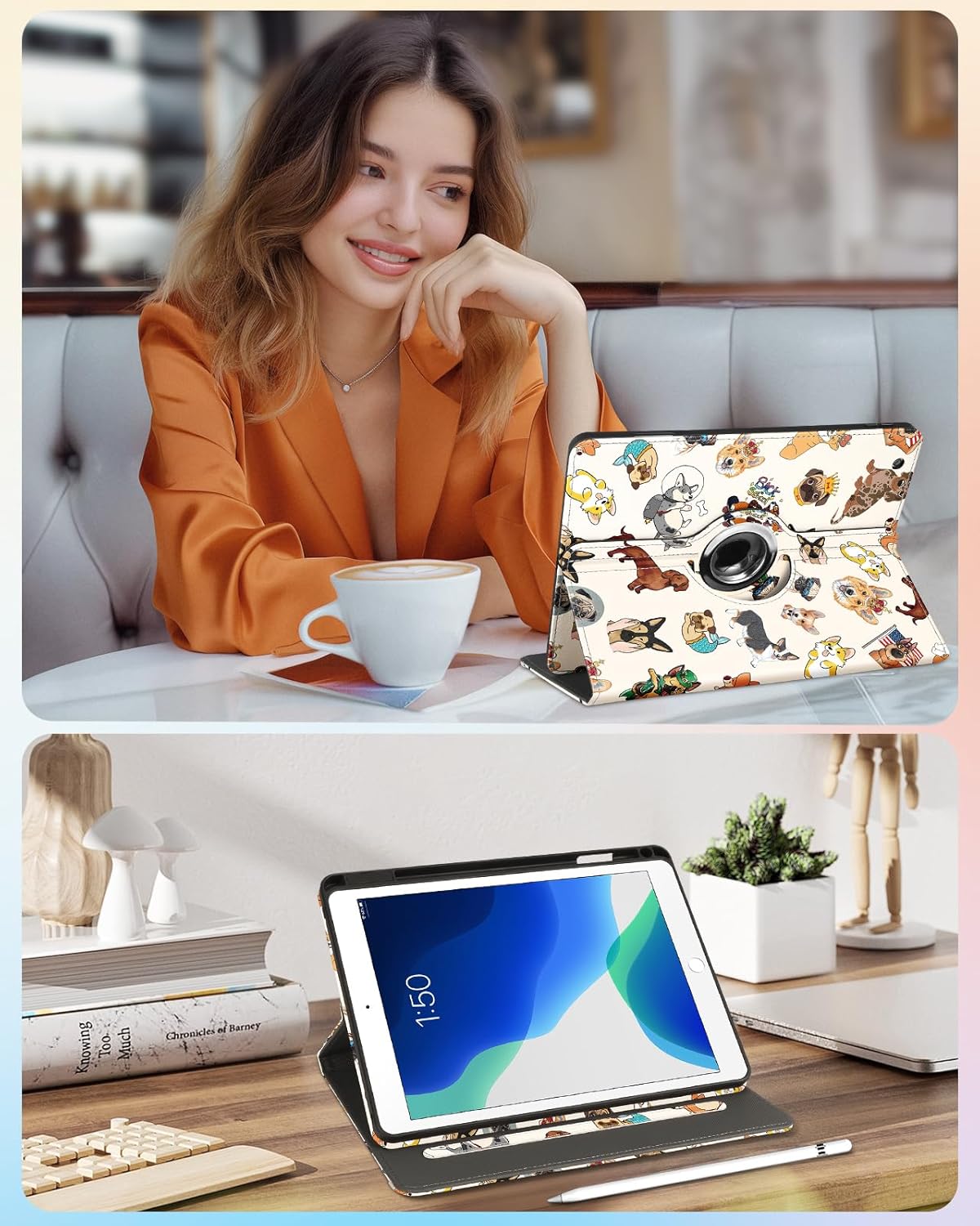 Kidcube for iPad 9th/8th/7th Generation Case 10.2 Inch - for Women Girls Kids Cute Rotating Stand Folio Cover with Pencil Holder & Card Slot Kawaii Cartoon Dogs Design for iPad 9th/8th/7th Gen Cases - Image 6