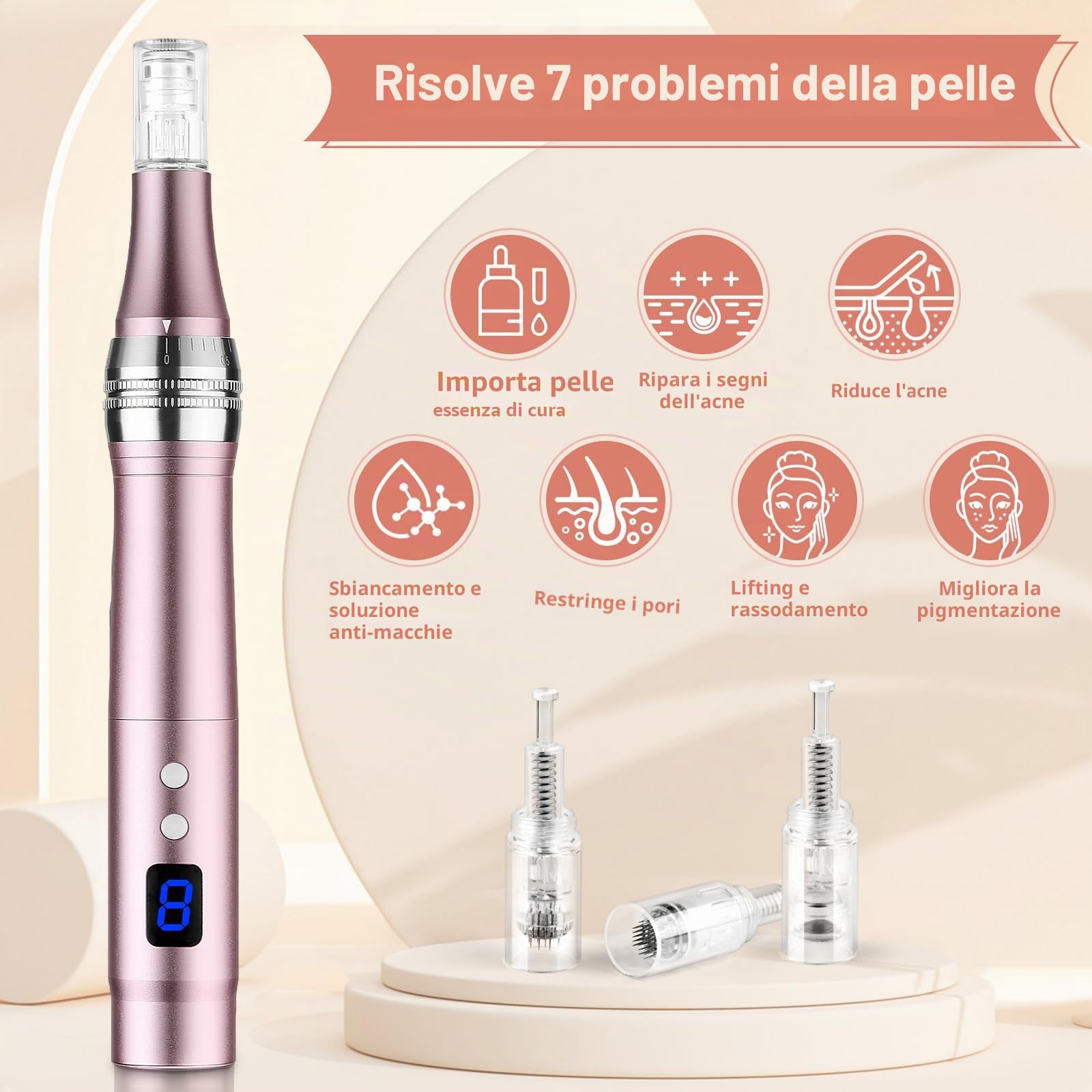 Penna microneedling elettrica a 8 velocità, 0-2,5 mm, con luce LED a 7 modelli, con siero facciale all'acido ialuronico (include 12 cartucce di aghi) (rosa)