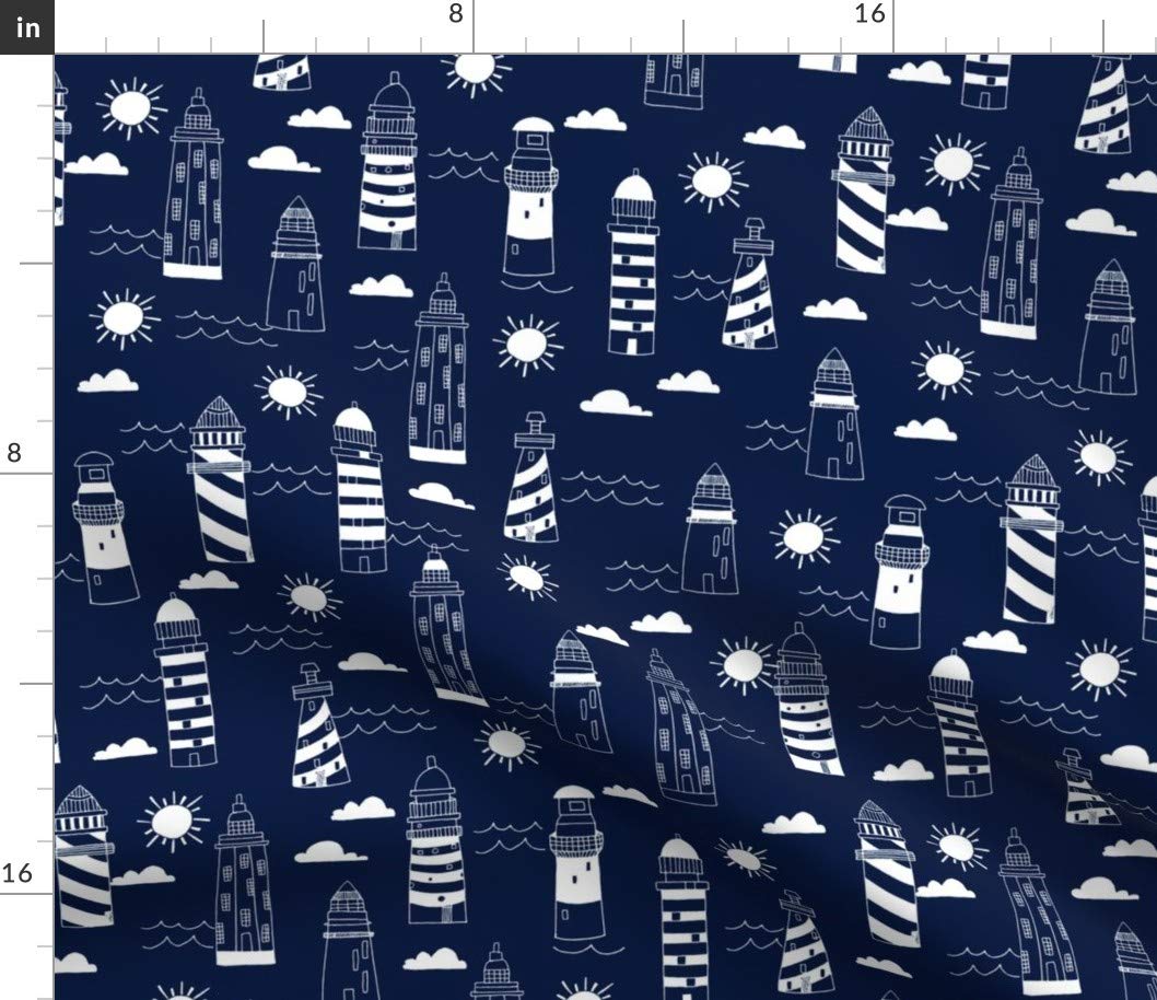 Spoonflower Fabric - Navy Nautical Summer Ocean Water Print Lighthouse Printed on Petal Signature Cotton Fabric by The Yard - Sewing Quilting Apparel Crafts Decor