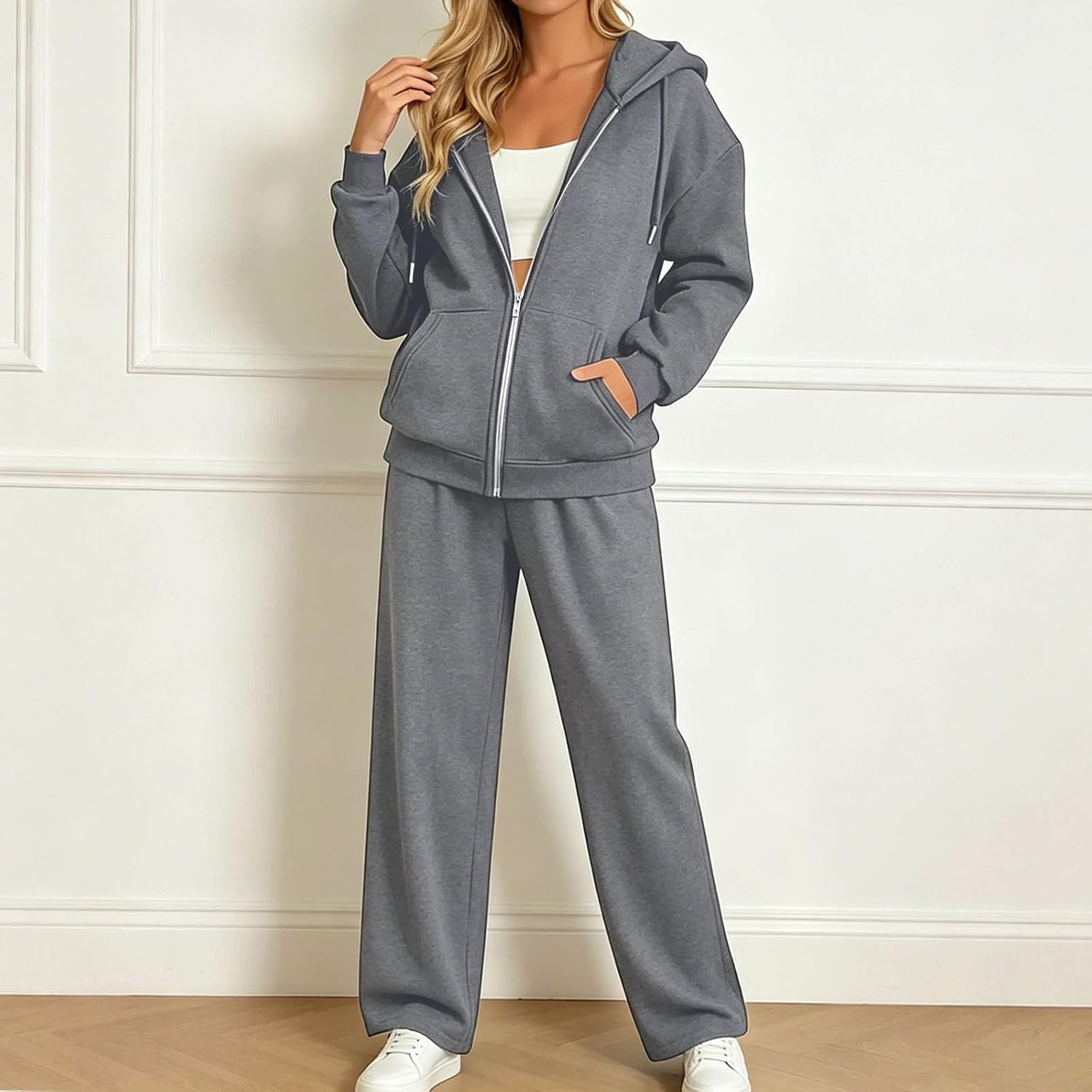 Womens Sweatsuits 2 Piece Set Long Sleeve Zip Up Hoodie Wide Leg Sweatpants | Womens 2 Piece Lounge Sweatsuit Fall Fashion Matching Sweat Sets Zip Up Long Sleeve Hoodies & Baggy Sweatpants 2026 Outfits