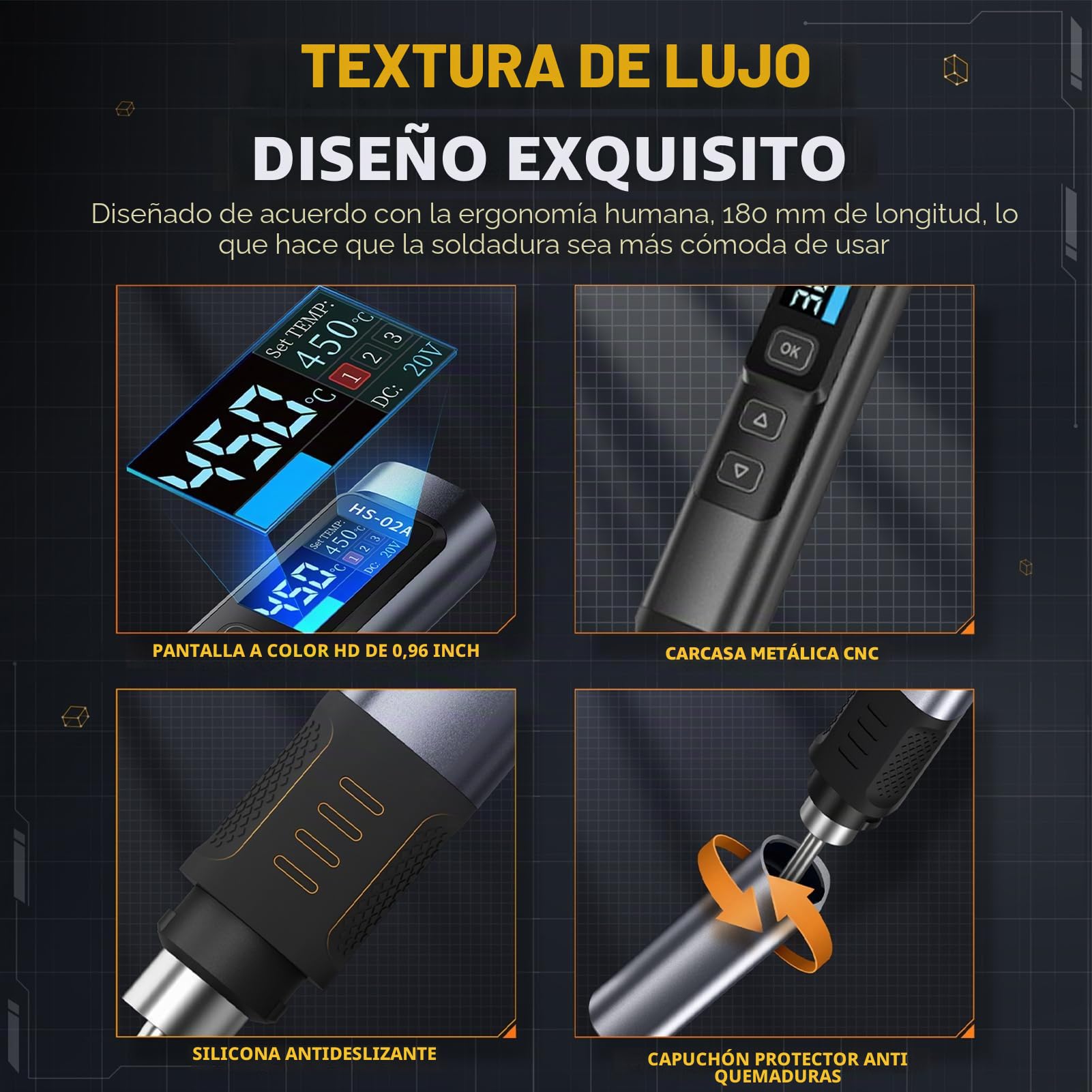 Juego de soldador 100W Soldador CC 9-24V PD/QC/DC 180-842℉ calefacción, 3 cabezas de soldadura, pantalla IPS, adecuado para componentes electrónicos, electrodomésticos bricolaje (HS-02B Estándar 3)