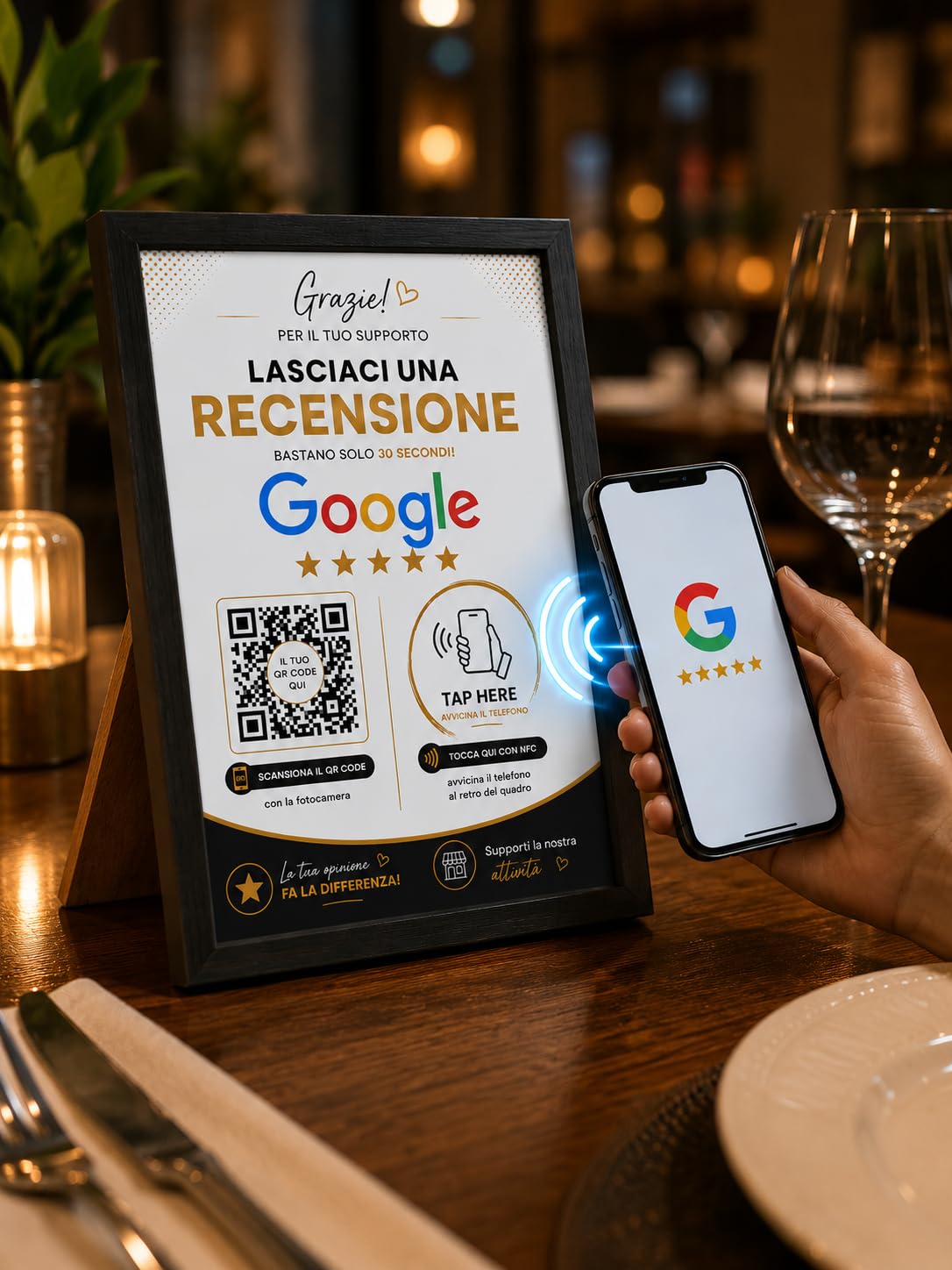 Targa Recensioni Google NFC + QR Code Personalizzata con Cornice 13x18cm | Google Review Stand per Bar Ristoranti Pizzerie Hotel Negozi | Accesso Diretto alle Recensioni