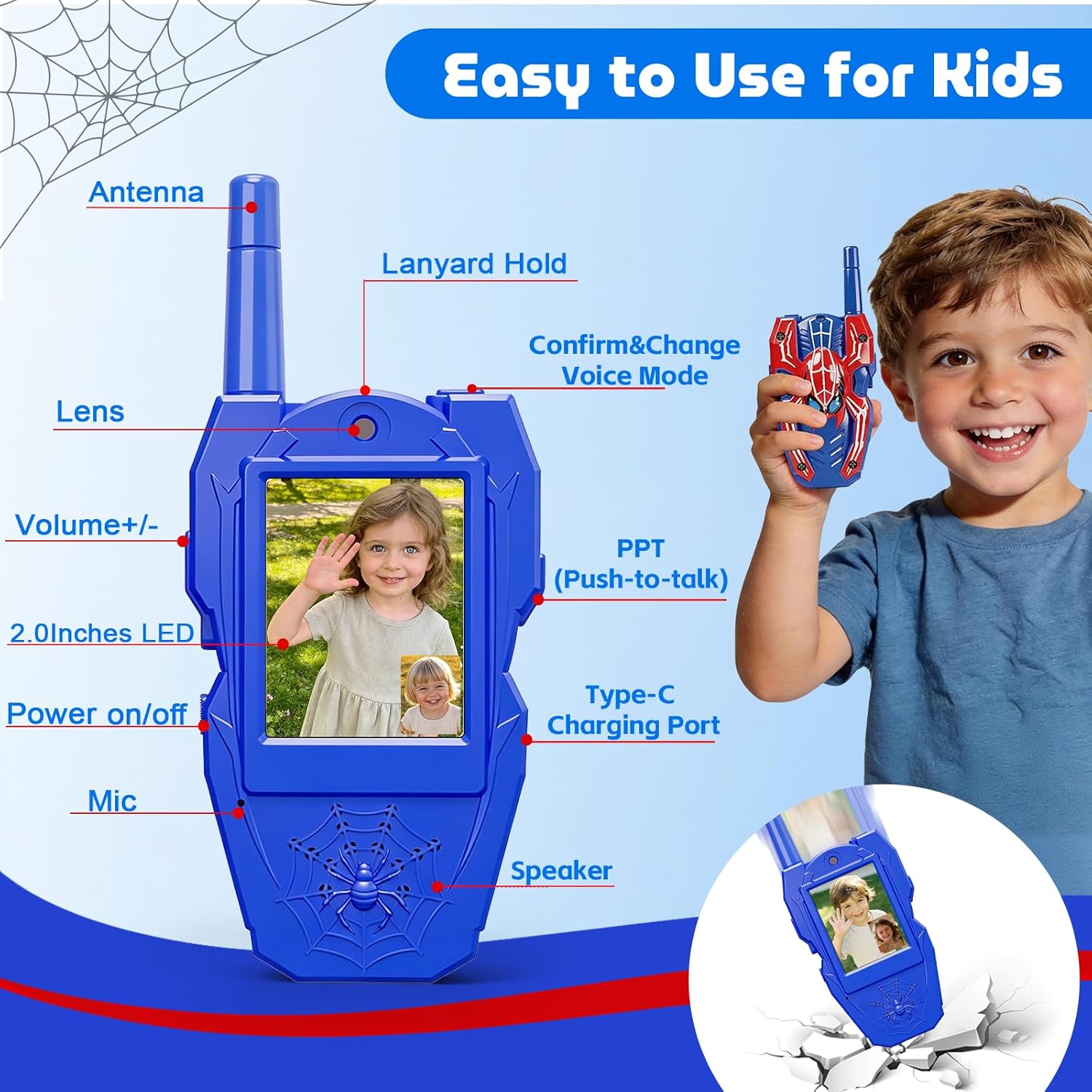Video Walkie Talkies for Kids 2 Pack Rechargeable with Screen HD Camera &Voice Changer, 1000FT Long Range 2 Way Radio Toys Indoor Outdoor Camping Hiking Toys Birthday Gifts, Spider for Boys Girls 3-12