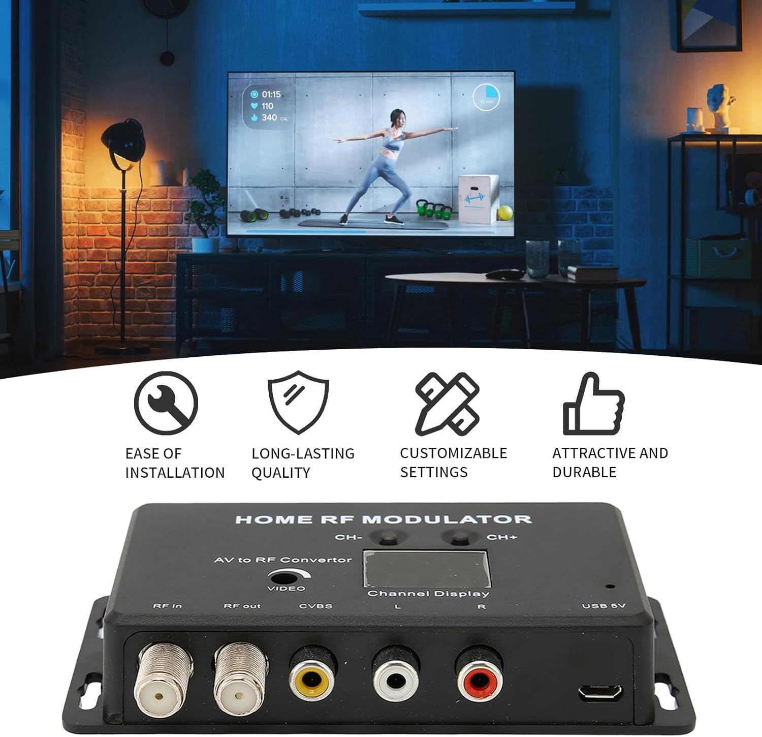 UHF PAL NTSC TV Link Modulator, AV to RF Converter, Adjustable RF Output Level, Optional Channel, Plastic Material, with Female Connection, for Set Top Box