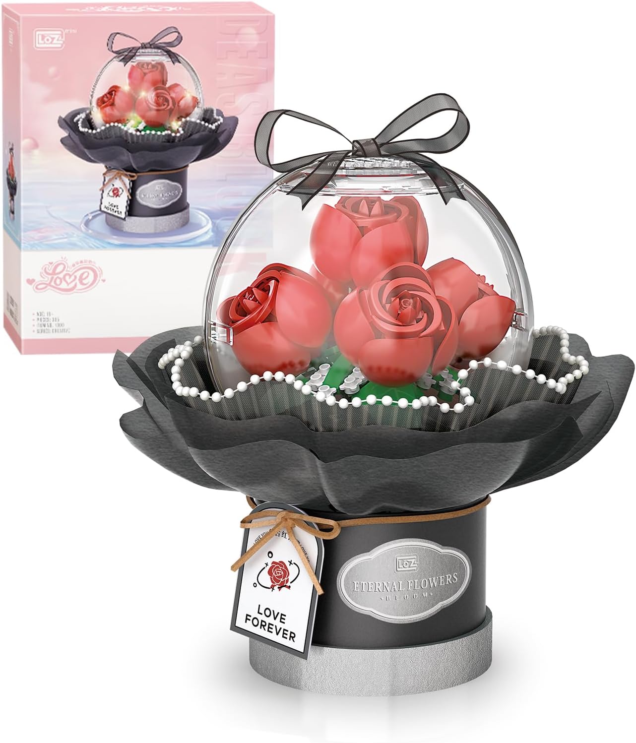 MEIEST Flower Building Blocks Set with Dust-Proof Dome,Simulation Bouquet for Valentine's Day,Bonsai Building Bricks Toys,Home Decor (Red Rose)