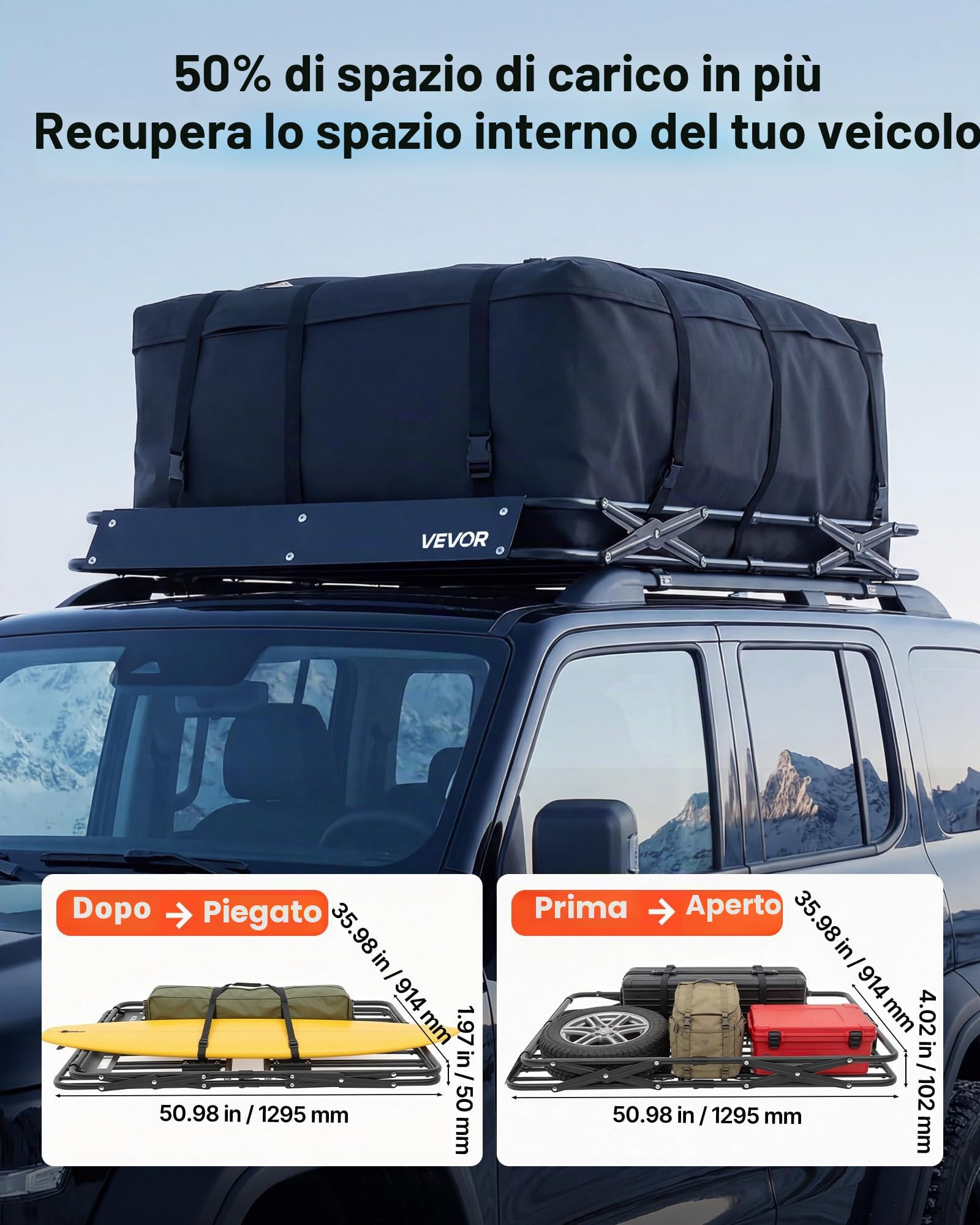 VEVOR Barra Portapacchi da Tetto da Auto, Portapacchi da Tetto per Auto 1295 x 914 x 102 mm Telaio Pieghevole a Forma di X, Carico max 90,72 kg Universale per SUV Furgoni, Campeggio, Viaggio, Pesca