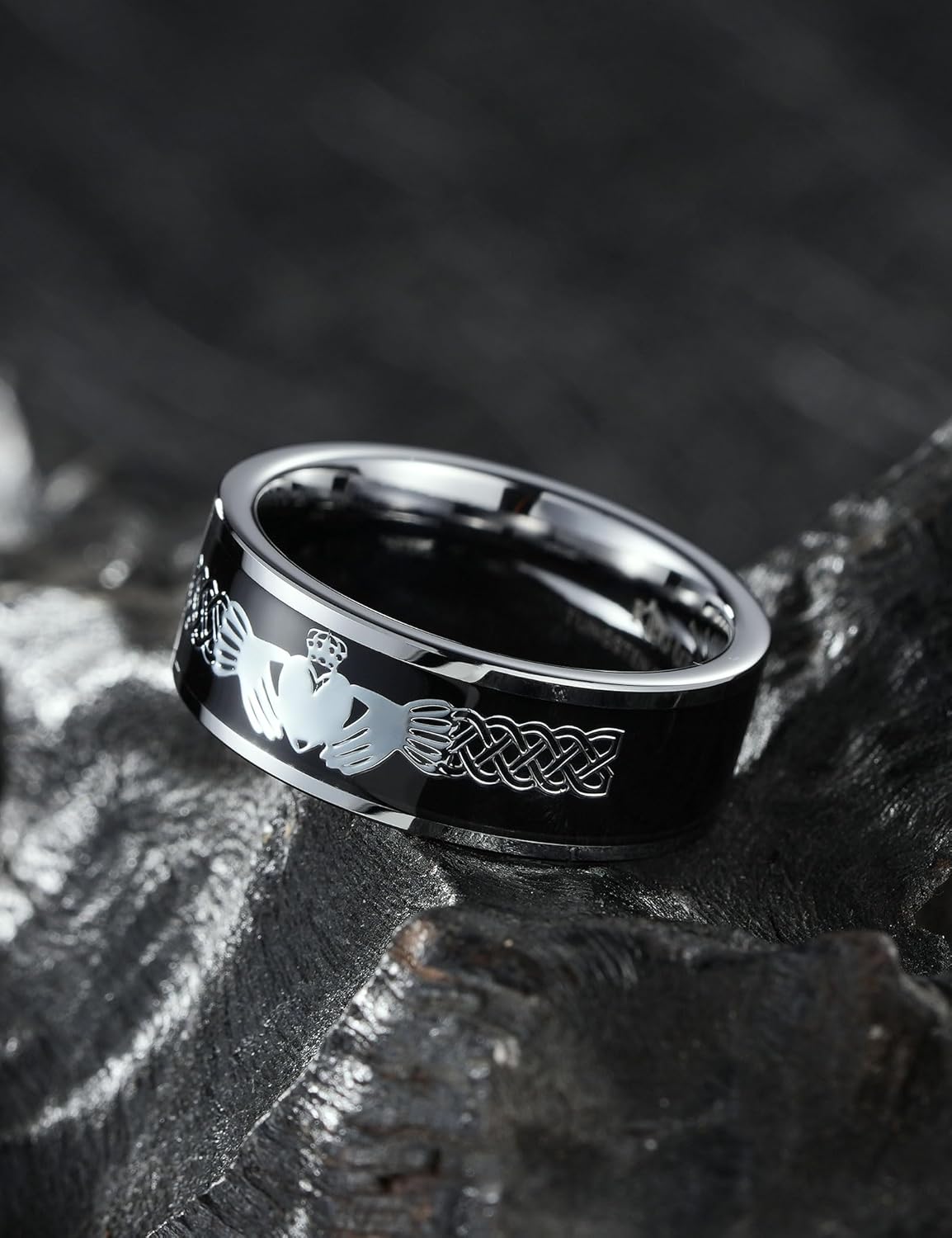 King Will 8mm Mens Tungsten Rings Irish Claddagh & Celtic Knot Inlay Vintage - Image 3