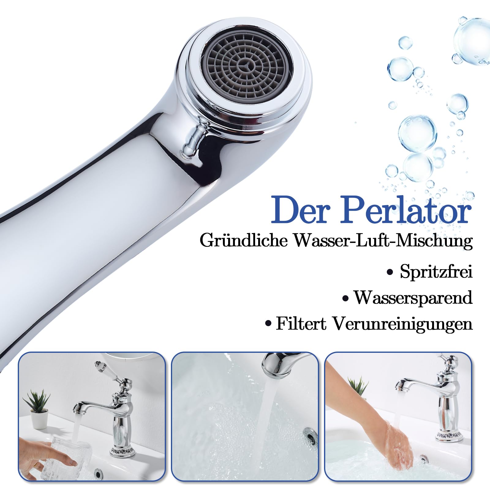 Wasserhahn Bad Antik mit Keramikgriff, Messing Einhebel-Waschbeckenarmatur, Elegant Geschwungene Waschtisch Armatur, Chrom