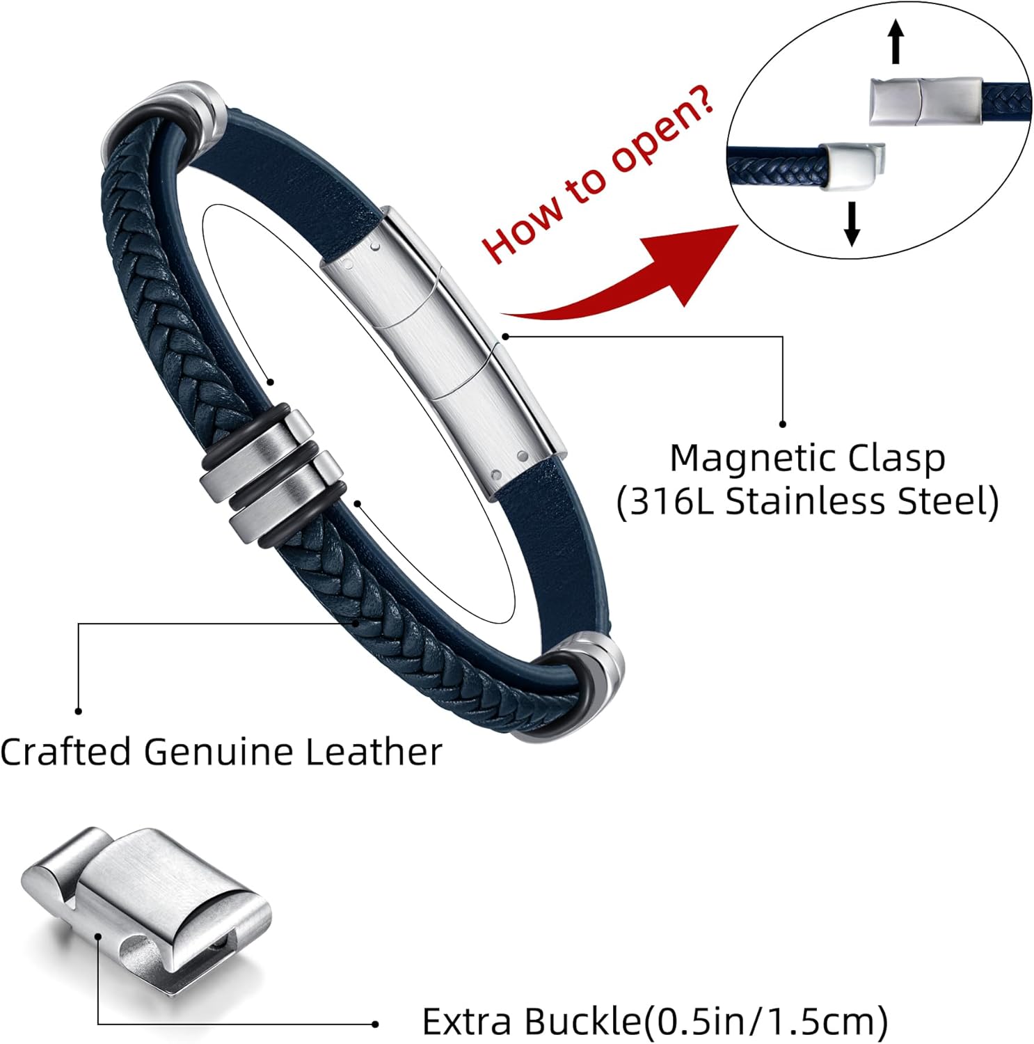 Leather Bracelet for Men with Adjustable Stainless Steel Magnetic Clasp Multi-Layer Braided Mens Leather Bracelet - Image 2