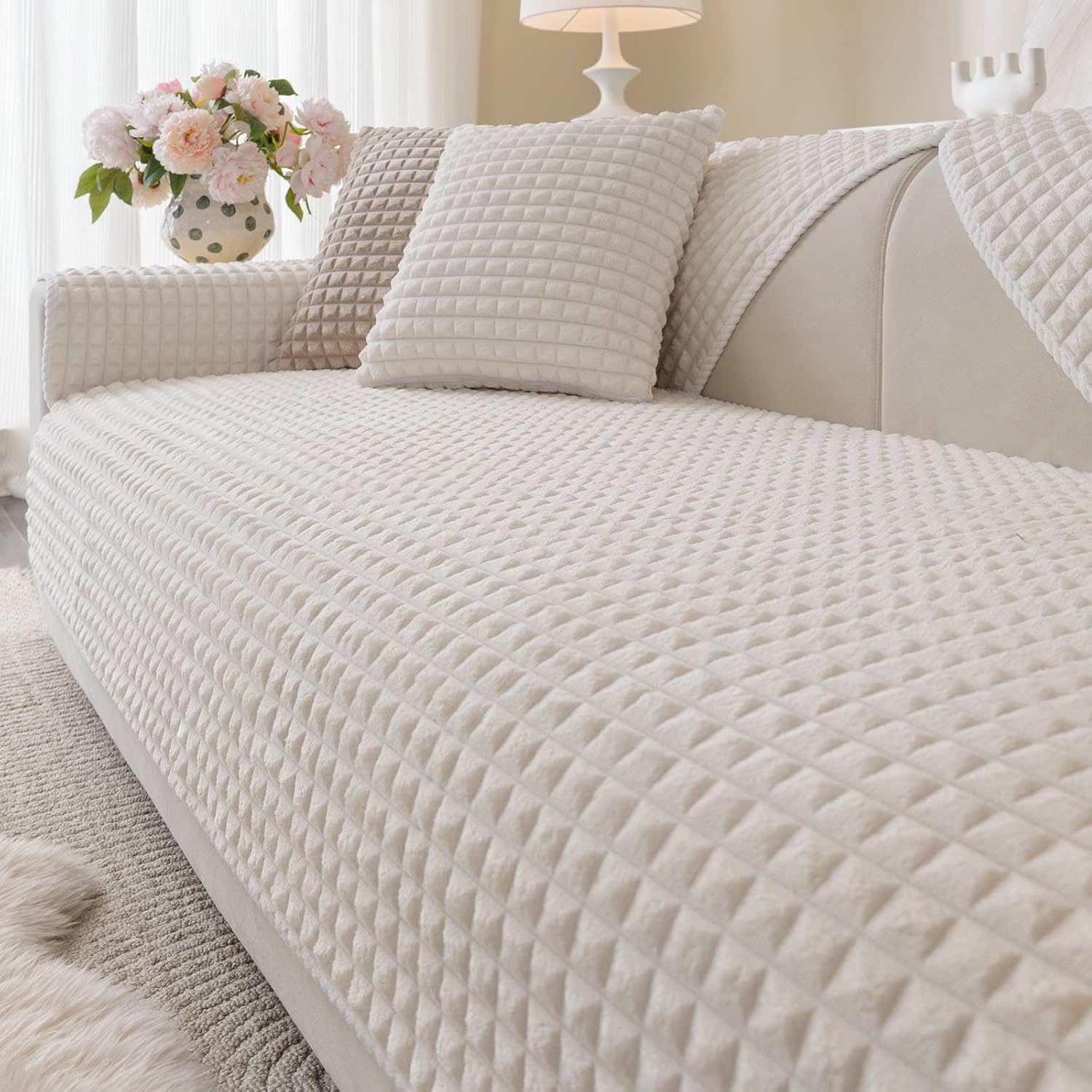 Soft Plush Plaid Couch Cover Washable, Non Slip Fleece Sectional Sofa Covers for 3 Cushion Couch Sofa L Sharped Sofa Slipcover for Pets, Furniture Protector (1 PCS 36"x94" Light Grey)