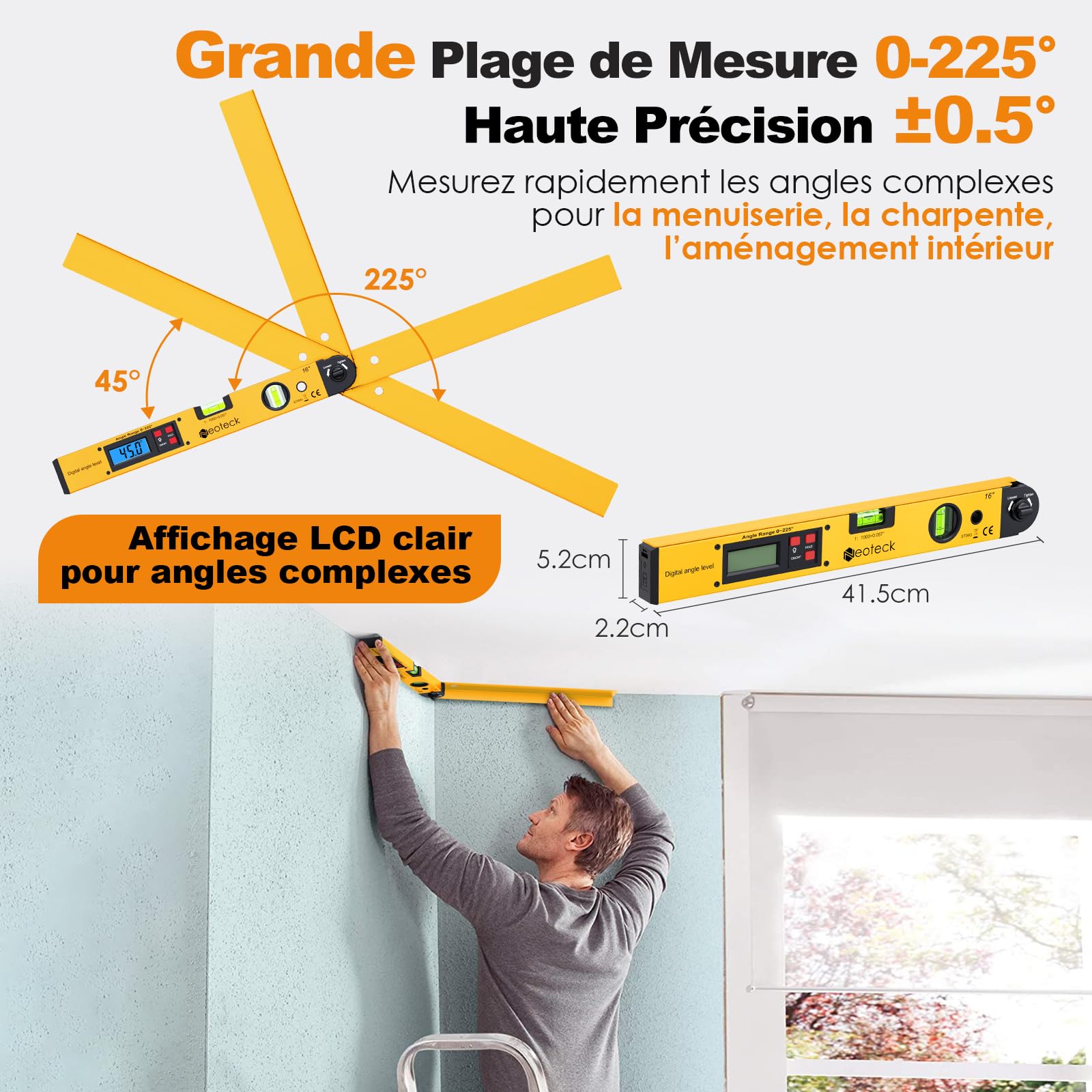 Neoteck 400mm / 16inch 0~225 ° Numérique Angle Finder Règle d'angle Horizontal NumériqueLCD Rétro-Éclairage Niveau Rapporteur avec Étui Portable pour Industrielles Restructuration du Travail Jaune