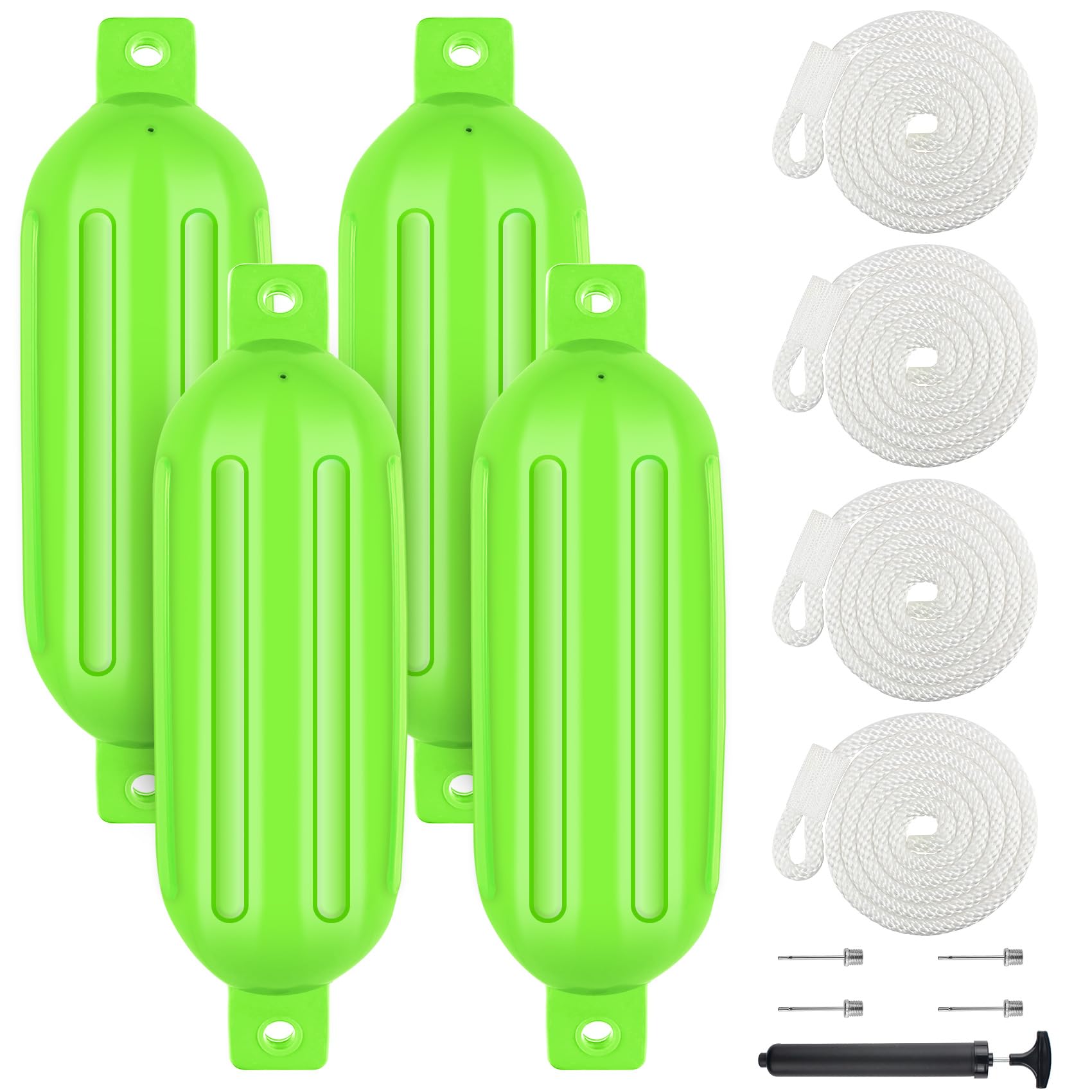VEITHI Boat Fenders 4 Pack, Ribbed Twin Eyes Vinyl Boat Fender Bumpers, Boat Bumpers for Docking Come with Ropes Needles and Pump to Inflate, Small Bumpers of Boats 4.5 x 16 inch Neon Green