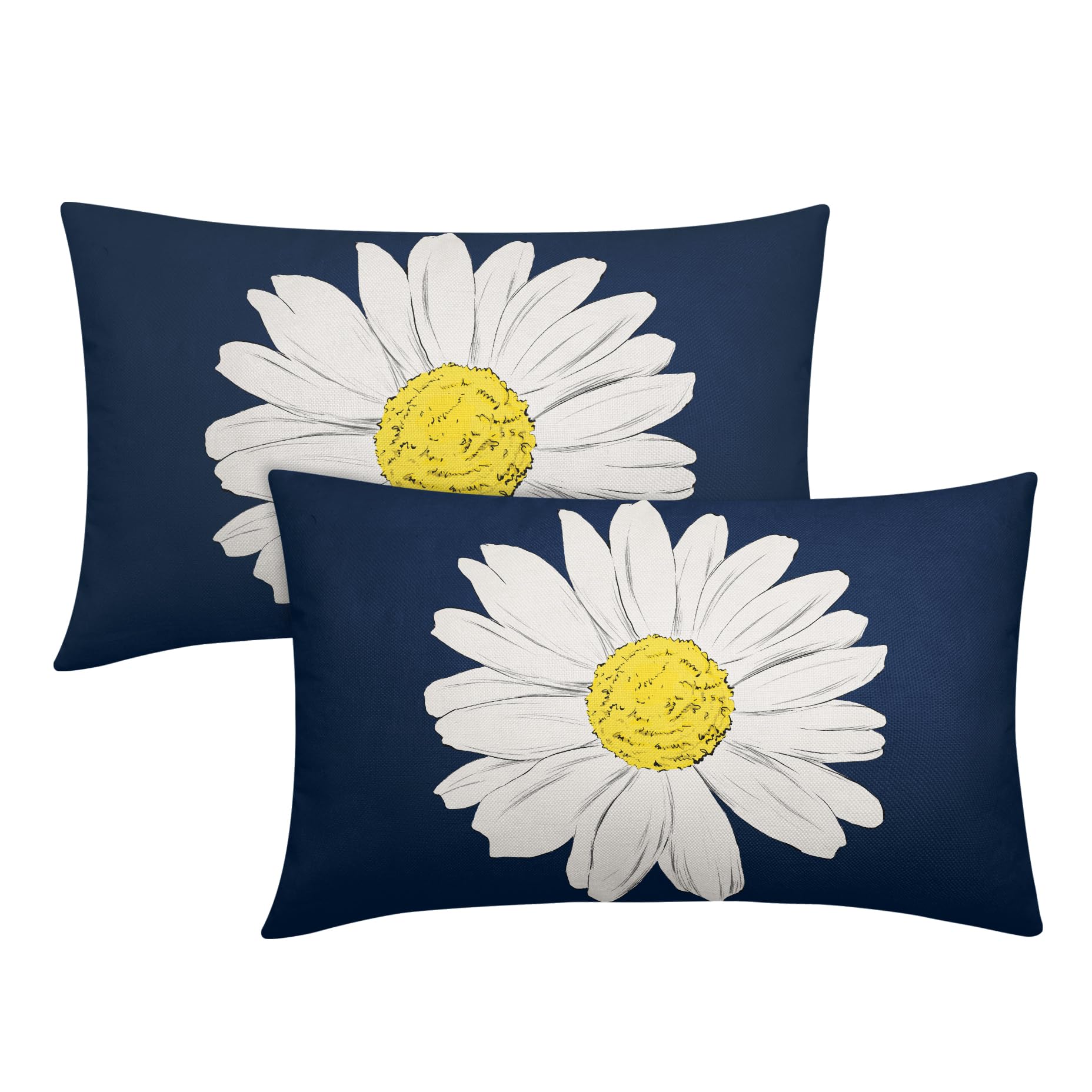 Daisy Flower Navy Blue Lumbar Pillow Covers 12x20 Inch White Petal Floral Bloom Decorative Pillow Cases Spring Summer Seasonal Cushion Covers Farmhouse Home Decor For Porch Couch Outdoor Set of 2
