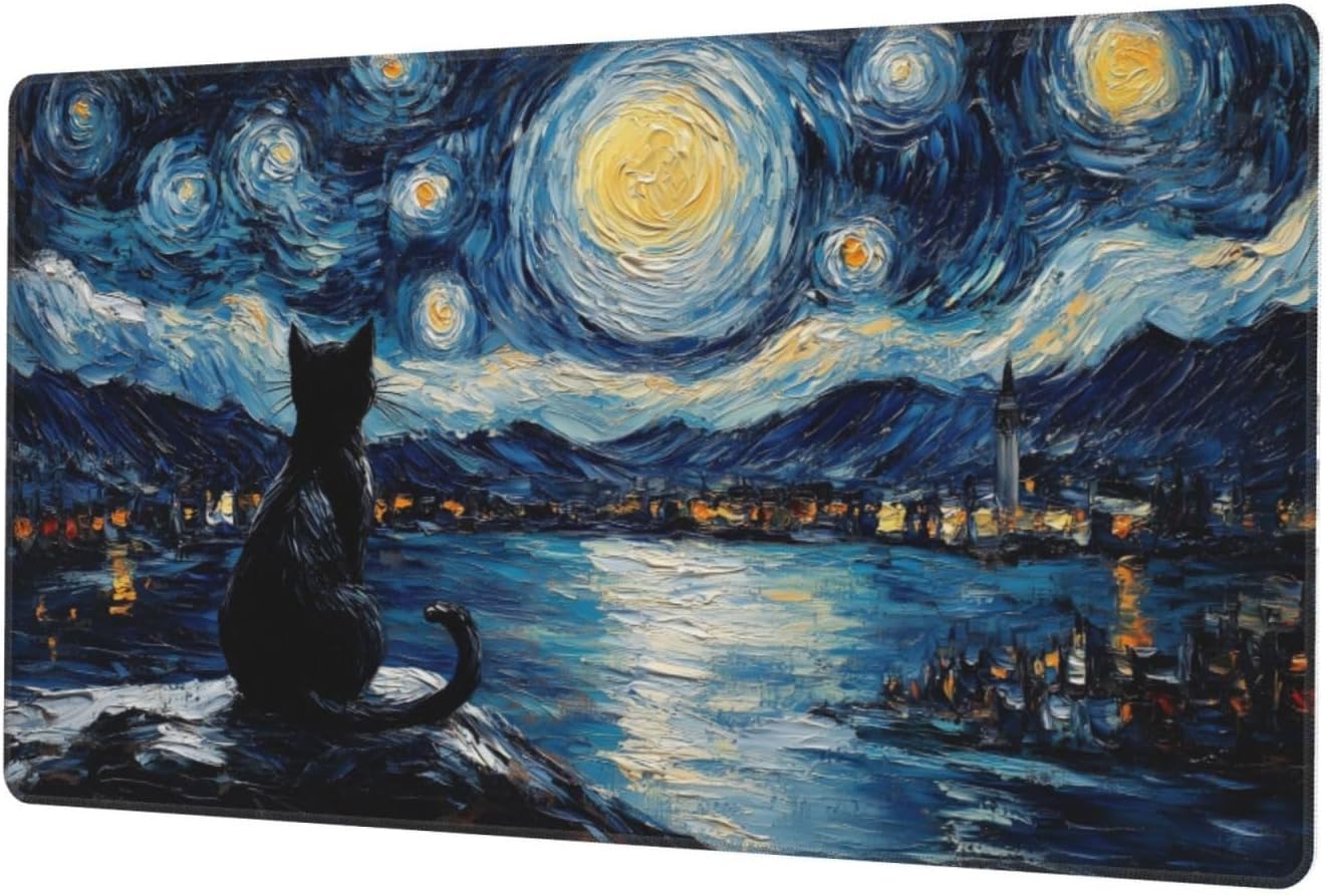 MTG Playmat Lake Starry Night Cat TCG Play Mat Original Hand-Painted Smooth Surface Stitched Edges Non-Slip Rubber Base for Trading Card Games Board Games 23.5x13.7in