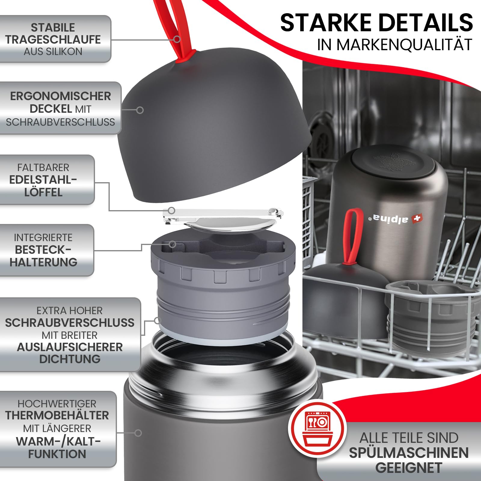 alpina contenitori ermetici per alimenti – tazza termica 730 ml lavabile in lavastoviglie con compensazione pressione - Cibi caldi e freddi a lungo I Borraccia termica in acciaio inox senza BPA