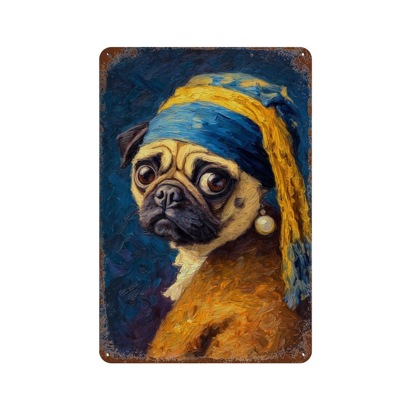 Pug with Pearl Earring Art Print 11.8"x7.9" Distressed Metal Wall Sign, Retro Wall Decor for Garage, Bar And Workshop Decor