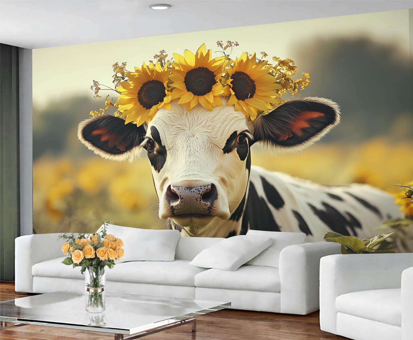 GIVLWF Cow Print Wallpaper, Rustic Farmhouse Self Adhesive Wallpaper for Living Room, Renter Friendly Wall Paper for Bedroom, Sunflower Cow Wall Mural - Large Home Decor 250x195 cm — image 1