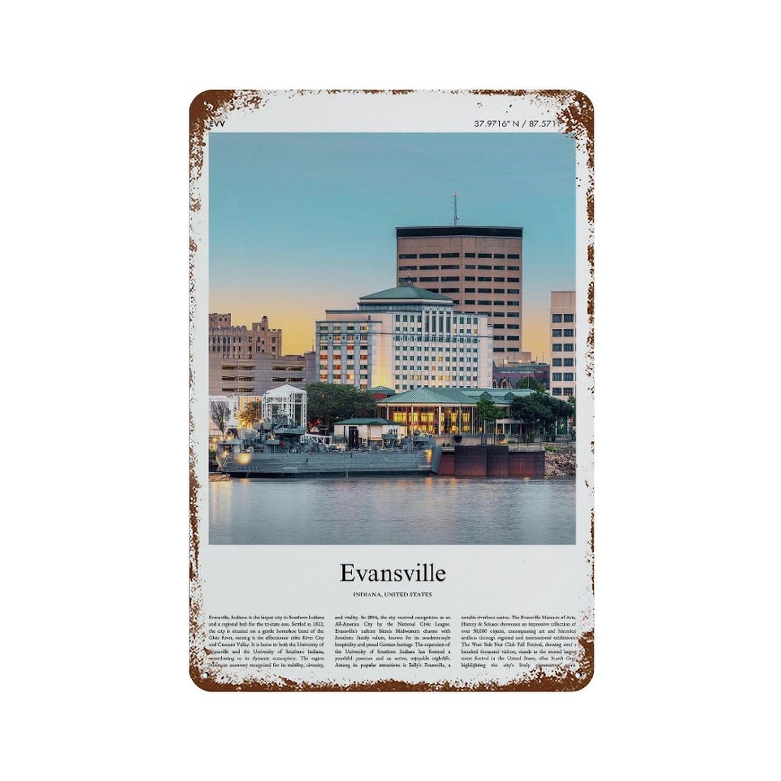xiaoxiaoshen Evansville Indiana, United States, USA City Scenery Wall Decor Art Metal Tin Poster Modern Home Decor Art Home Bar Shop Decorations Vintage Sign 30x20cm