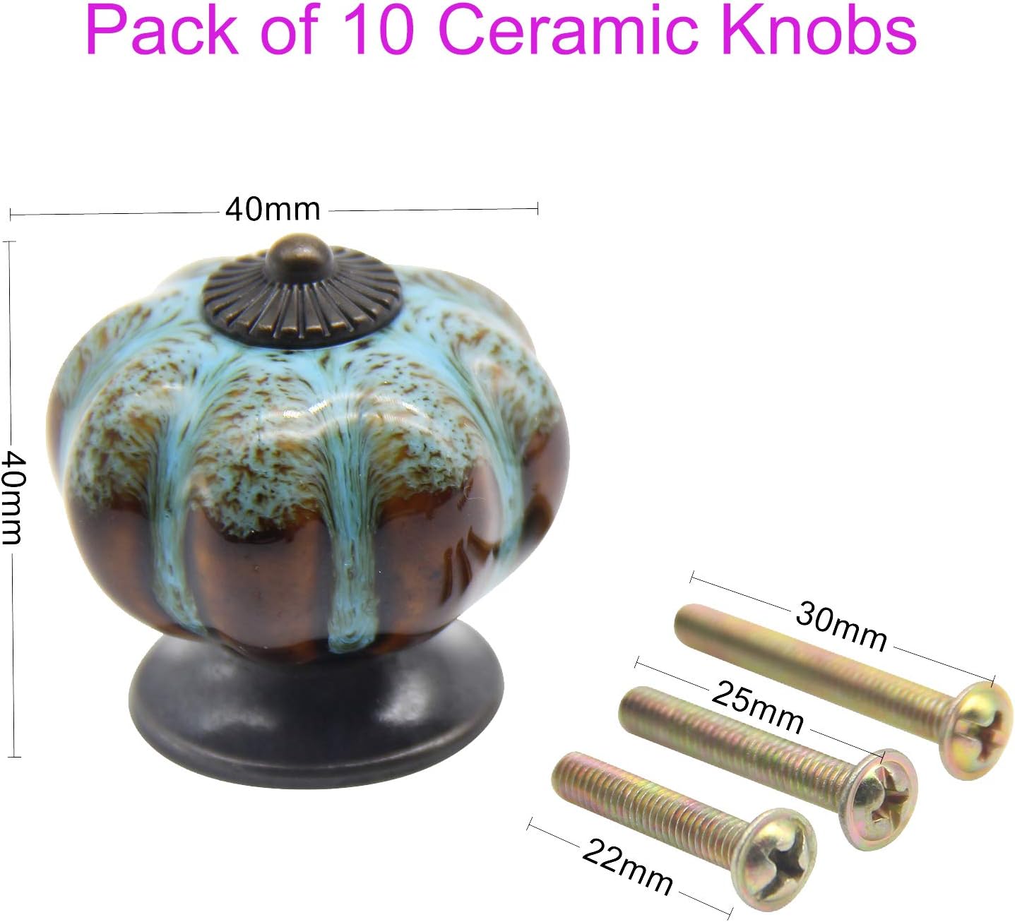 Ceramic Knobs Cabinet Knob 40mm Vintage Decorative Pull Handles 10Pcs Blue, Single Hole Ceramic knob Wardrobe Handle Blue Cabinet Knobs for Drawer Kitchen Cupboard Wardrobe DIY, 30Screws 22/25/30mm