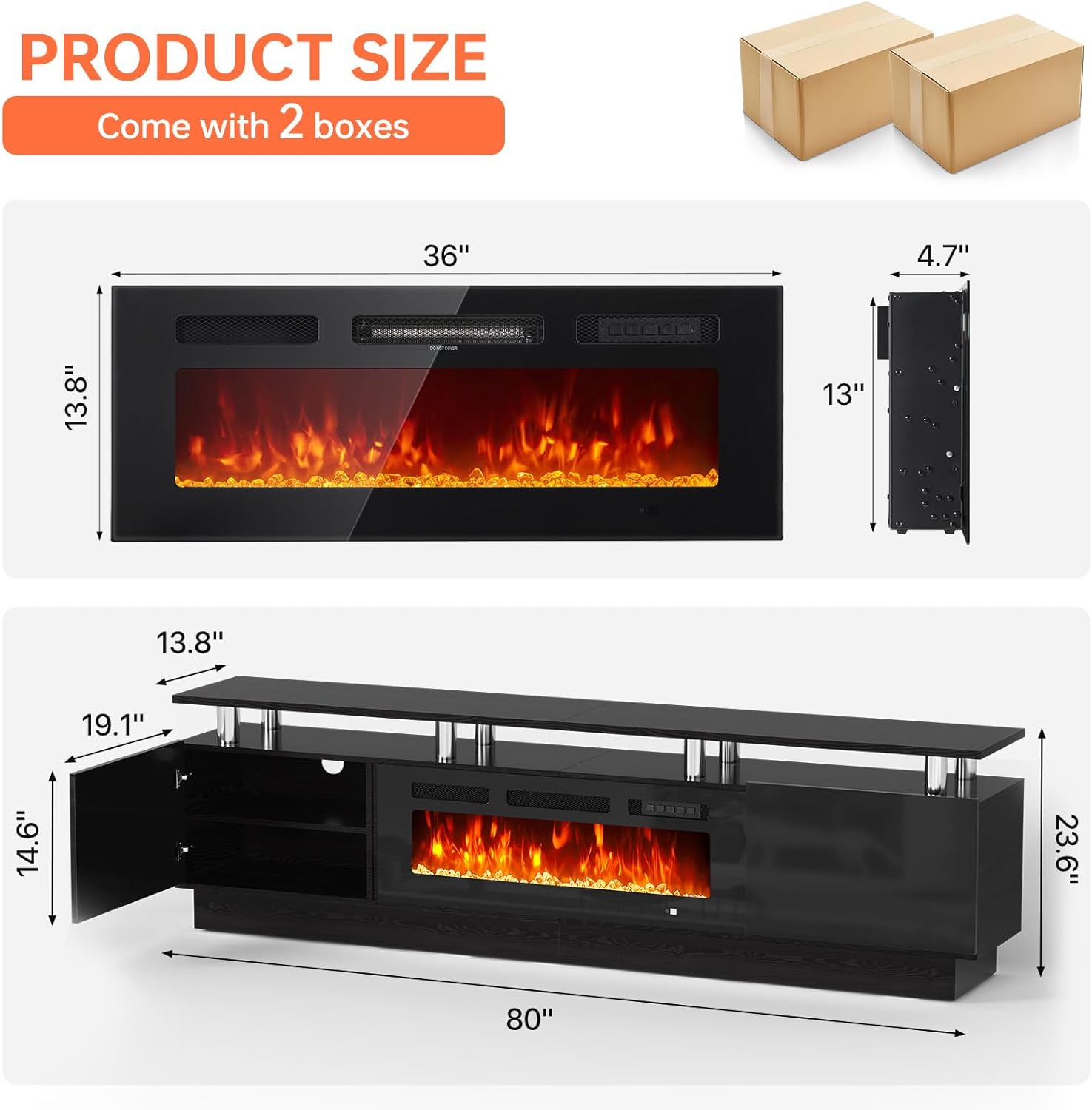 MXV 80" Fireplace TV Stand, Modern Entertainment Center & 36 Inch Electric Fireplace, Remote Control, LED Light, Fire Place Tv Stand for Living Room for TVs up to 90", Black + Black