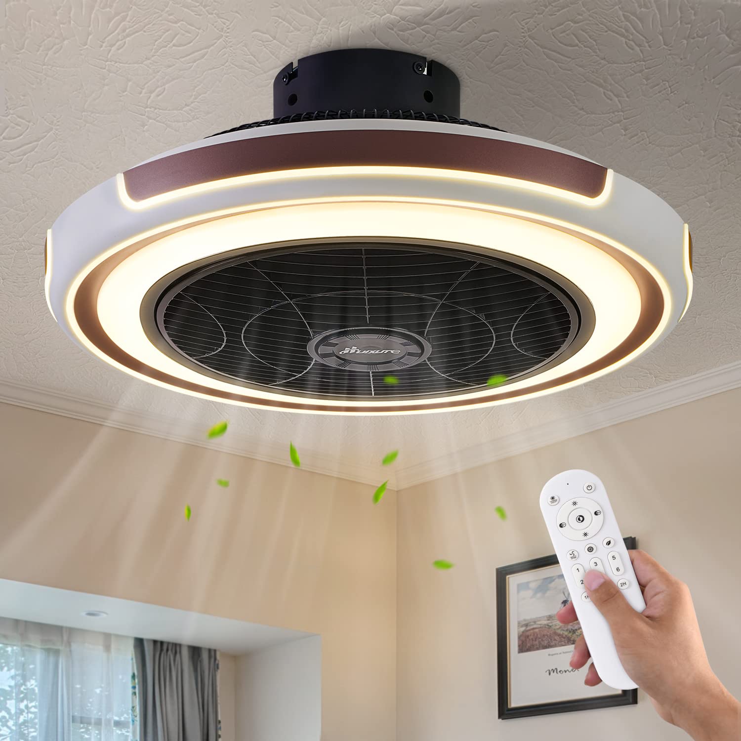 HuixuTe 21" Modern Ceiling Fan with Light Remote Control, 3 Colors 6 Speeds Coffee Bladeless Ceiling Fan, Low Profile FUSH Mount Ceiling Fan with Light for Bedroom Living Room