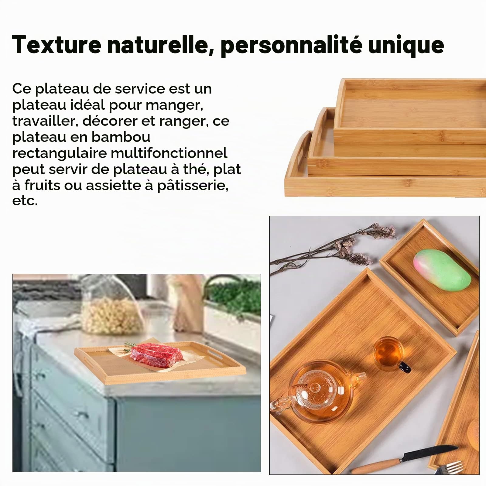 3pcs Grand Plateaux de Service en Bambou, Plateau Repas Rectangle avec Poignées, Plateau Petit-Déjeuner Service pour Vaisselle, Boissons, Réception de Fête