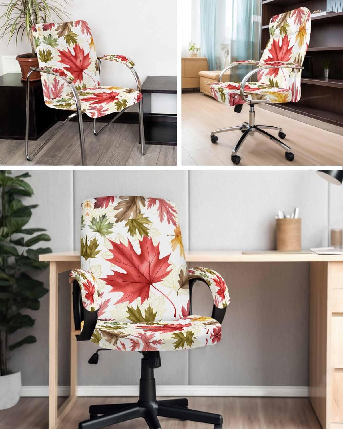 DecorLovee Fall Botanical Office Chair Cover with Armrest Covers & Zipper, Red Orange Green Maple Leaf Thanksgiving Spandex Computer Chair Covers, Universal Rotating Desk Chair Slipcovers Protector, S