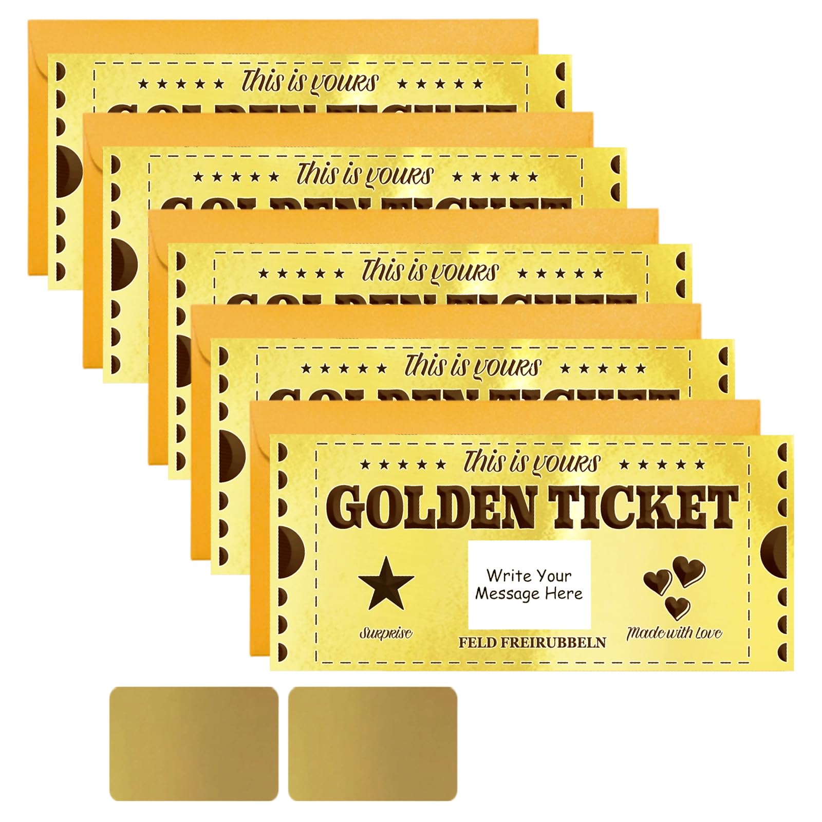 PLIGREAT 5 Sets Golden Ticket with Envelope, Double Printed Scratch Off Cards 20x9cm Surprise Gift Reveal DIY Coupon Cards for Birthday, Holiday, Voucher Raffle Gift, Party Supplies, Pentagram