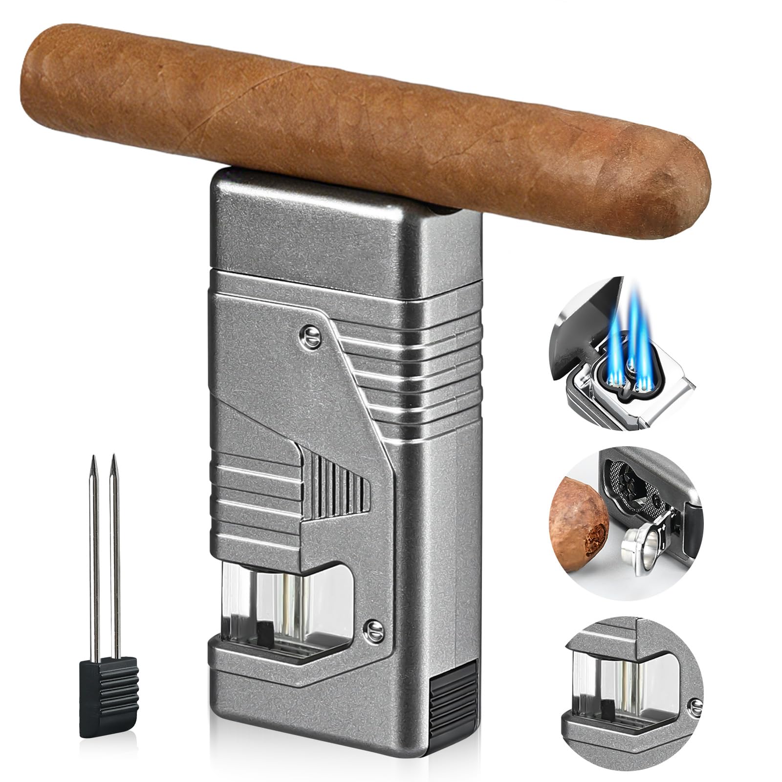 Joyoldelf Cigar Lighter Triple Torch - Windproof 3 Jet Flame Torch Lighter Refillable Butane Lighter with Cigar Holder