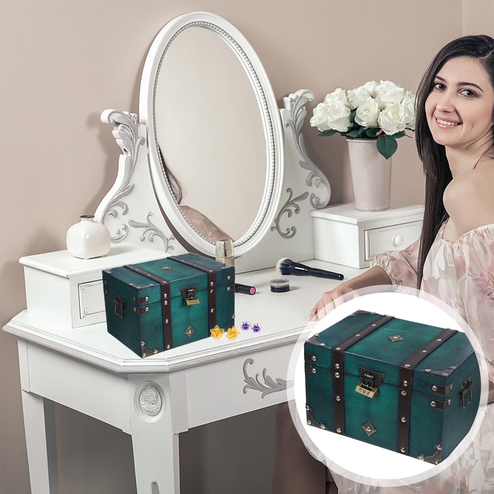 Alipis Joyero de Madera Verde Cierre, Diseño Vintage para Almacenaje