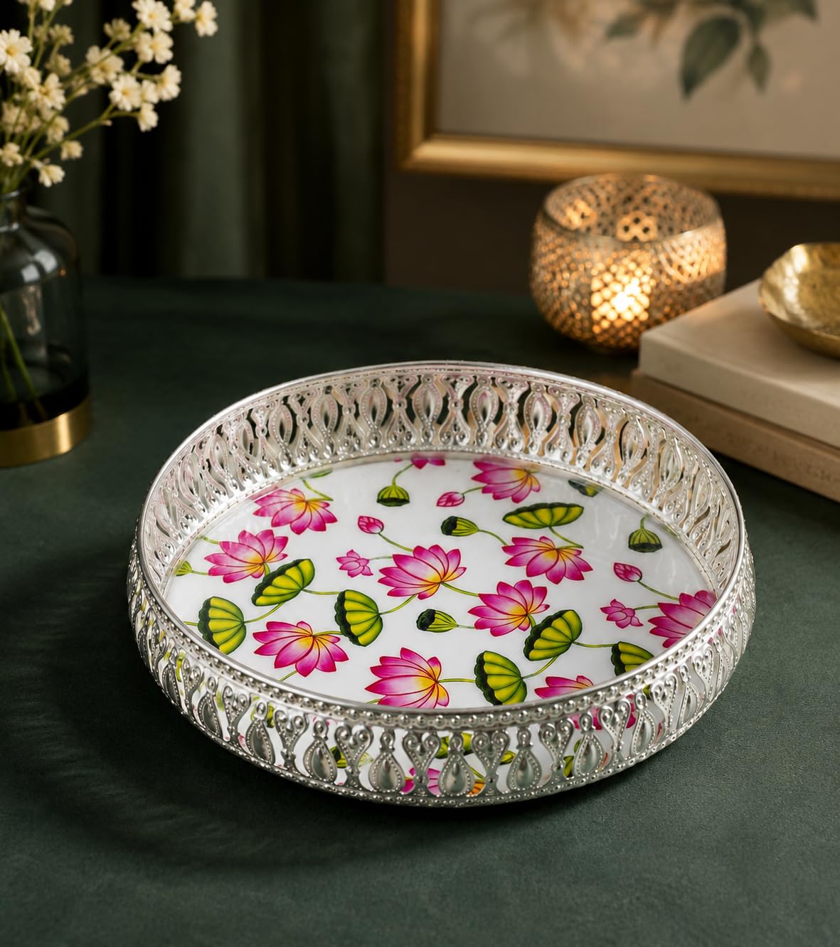 German Silver Tray 8 Inches Flower Design for Pooja | Handcrafted Metal Plate, Round Decorative Tray, Dry Fruits Serving, Home Décor, Traditional Design-image-12