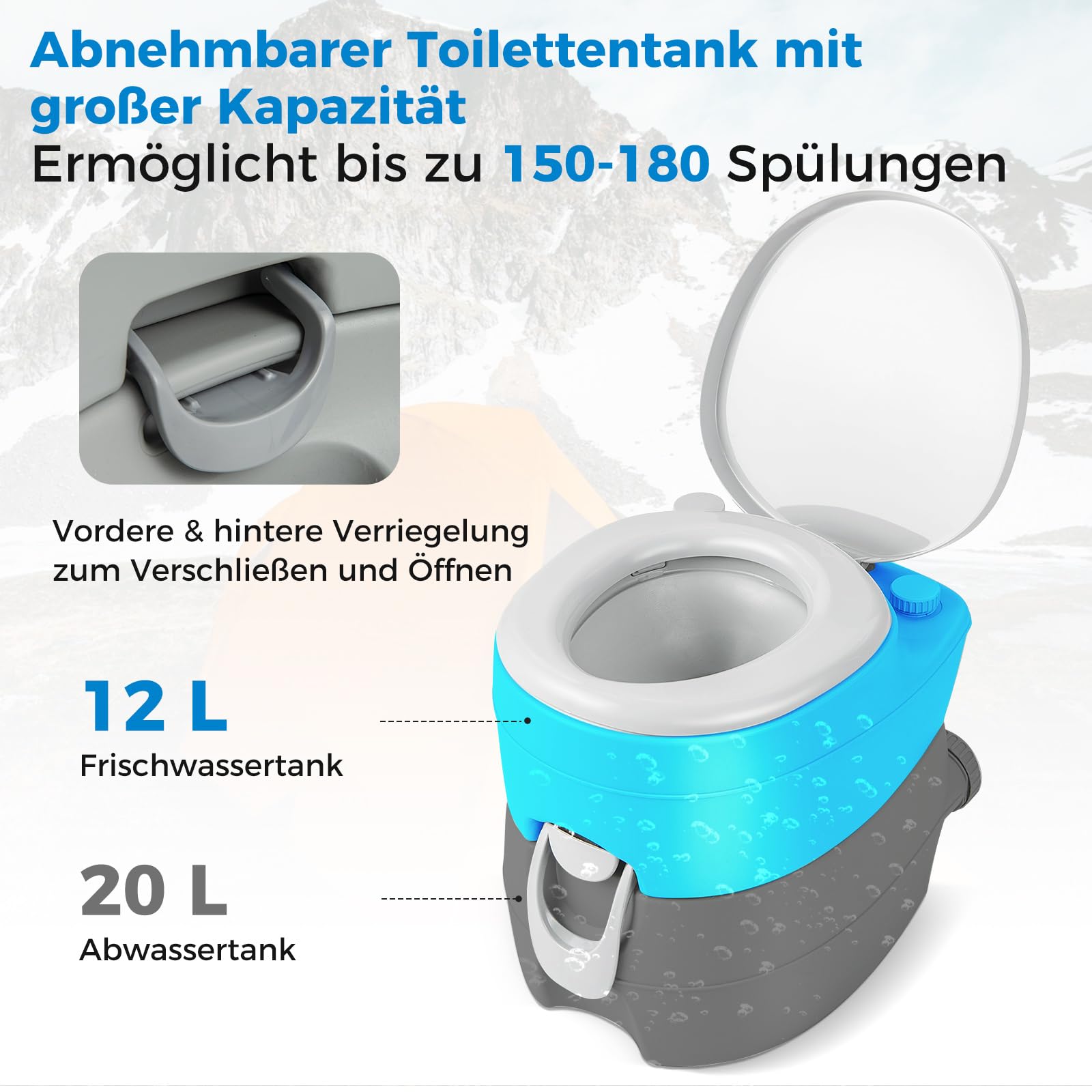 COSTWAY 20L+12L toaleta kempingowa z odpinanym zbiornikiem na ścieki i uchwytem, przenośna toaleta kempingowa, mobilna toaleta podróżna do podróży, kempingu i campera