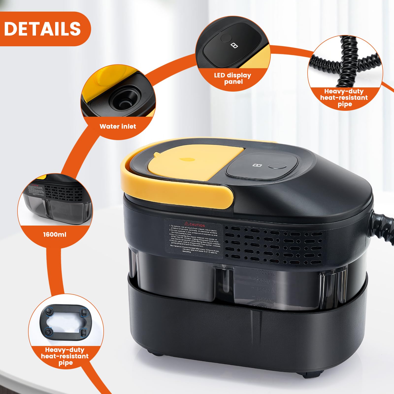 17PCS Nettoyeur Vapeur Portable Avec PoignéE RéGlable à 3 Niveaux, 15S De Temps De Chauffage, RéServoir D'Eau De 1,6L, IdéAl Pour Le Sol, Cuisine, FenêTre, Salle De Bains, Voiture