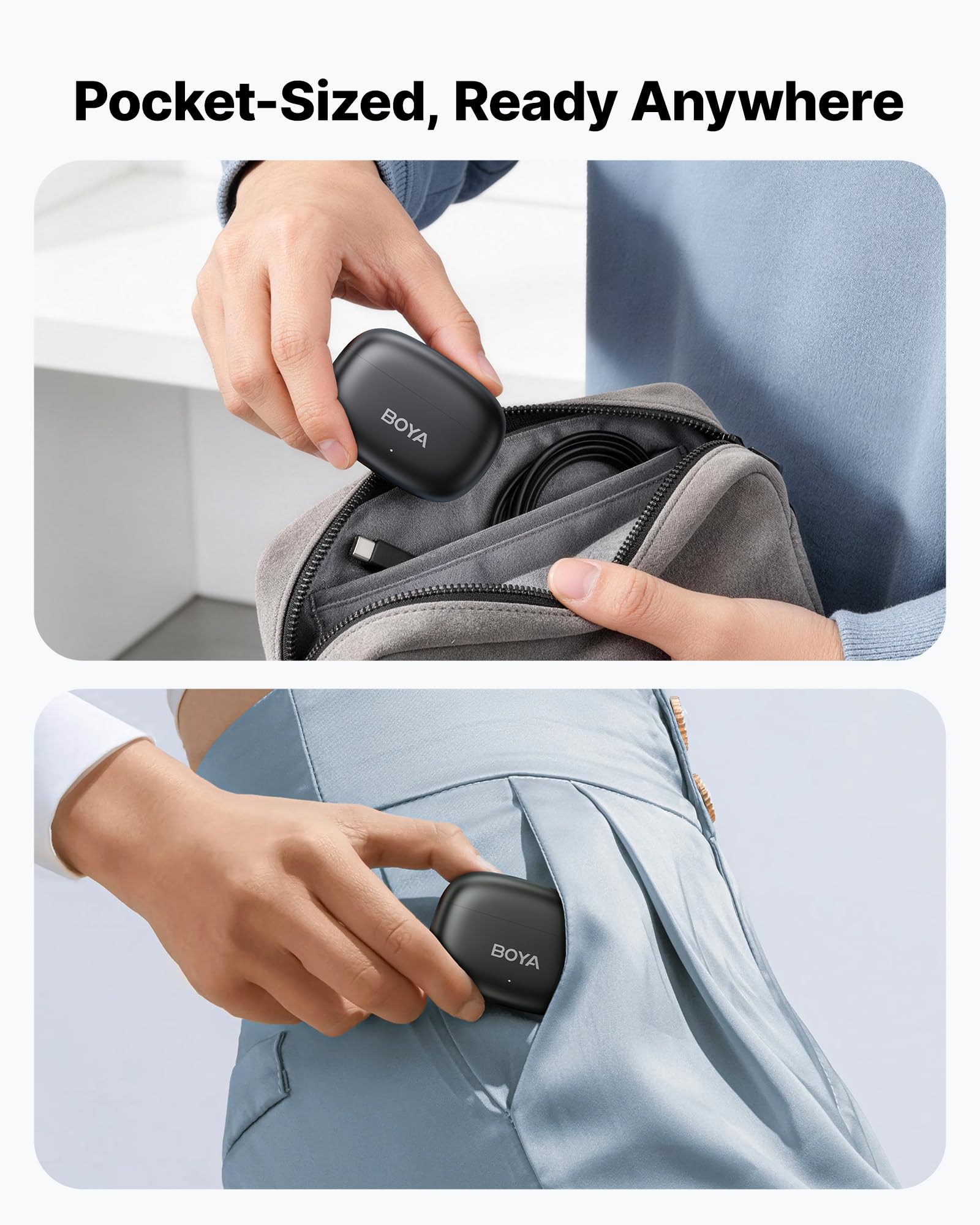 BOYA Mini 2 Micrófono Teléfono Móvil (1 Transmisor + 1 Receptor USB-C + Bandeja de Carga), 5G Ultraligero, 48KHz 24Bit, Micrófono Lavalier Inalámbrico para iPhone, Android, Vlog, Reducción de Ruido