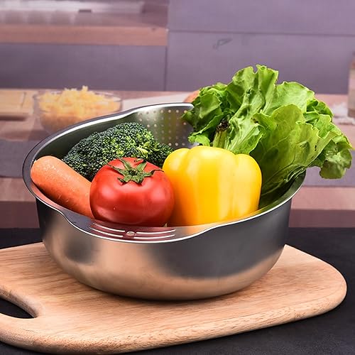 Miniatura 7 de Cuenco colador para lavadora de arroz, cuenco de lavado de acero inoxidable para enjuagar quinua, escurridor lateral para limpiar frutas, verduras y