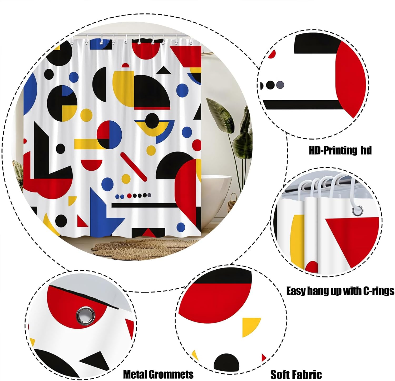 Abstract Geometric Shower Curtain Red Black Yellow Blue Geometry Art Mid Century Minimalist 70" Wx84 H Fabric Bathroom Decor Curtain with Hooks