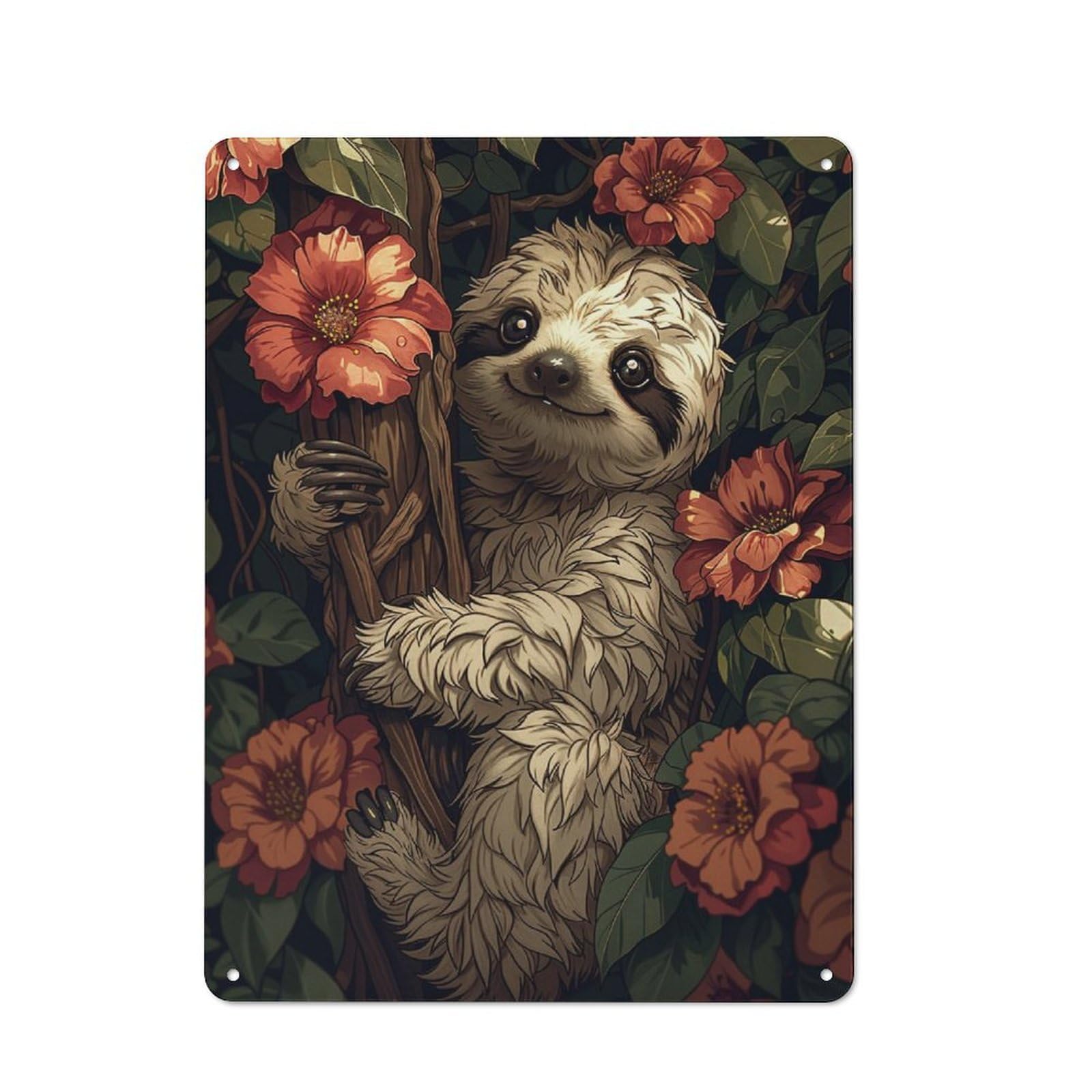 Junmoney Smiling Sloth In Flowers Metal Wall Sign 40X30cm Featuring For Bar Or Restaurant, For Bar Decor Enthusiasts