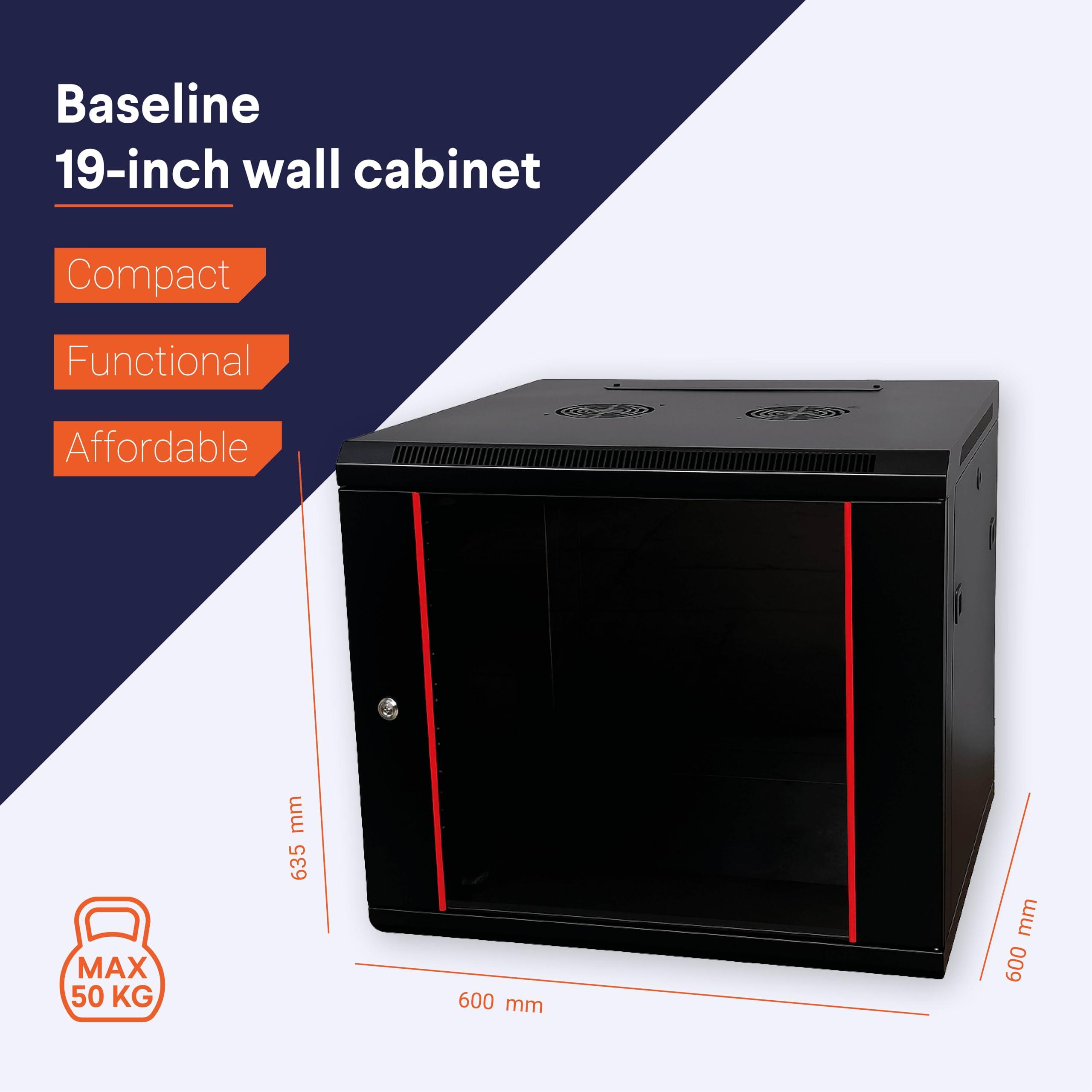 Baseline - Baia per computer da 19 pollici 15 U con porta in vetro 600 x 600 x 770 mm (LxPxH) - Nero - Carico ammissibile 50 kg - Montaggio a parete - Armadio server - Alloggiamento a parete