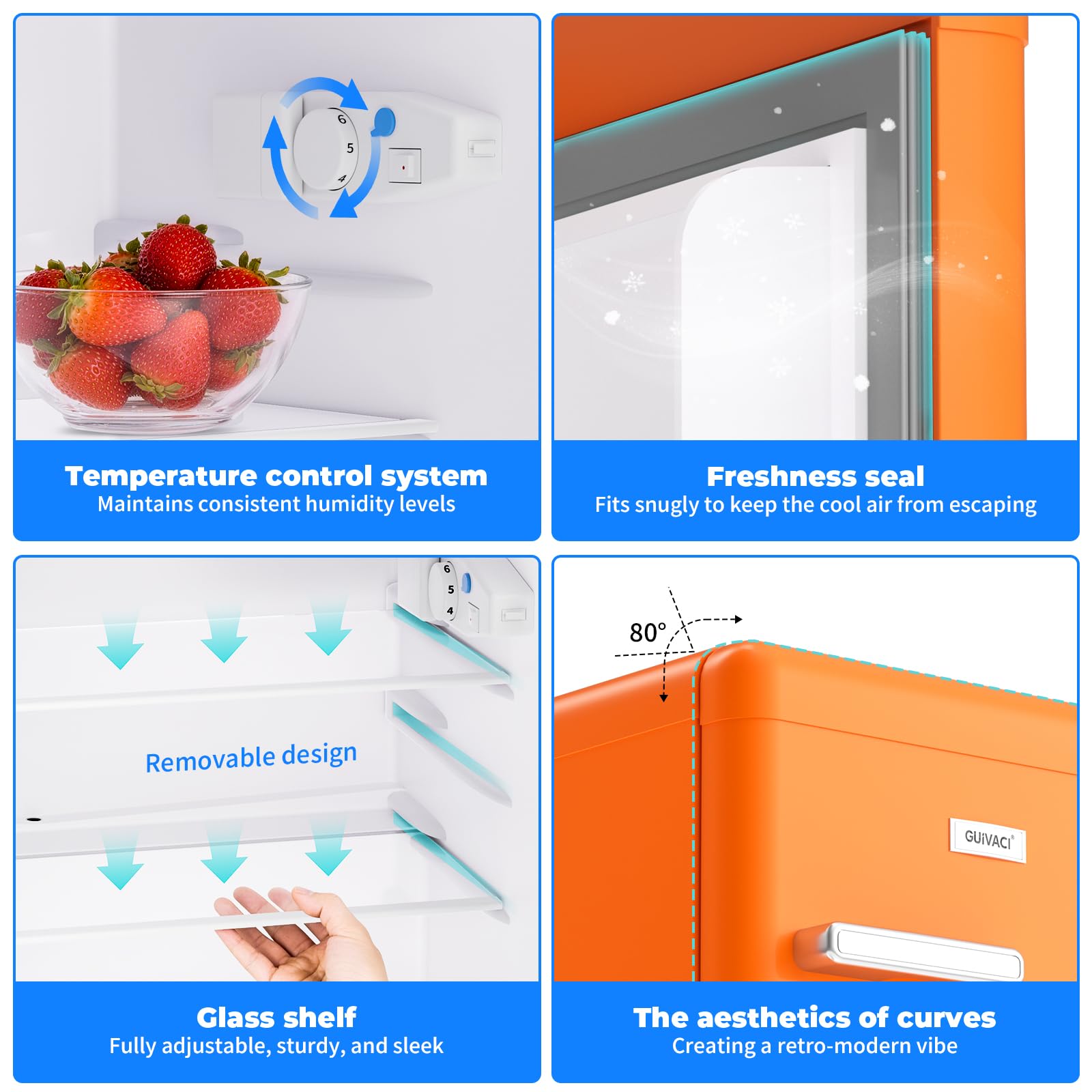 Lodówka retro 72 l – cicha praca (43 dB), 7-stopniowa regulacja chłodzenia, oświetlenie wewnętrzne LED, do sypialni, biura, kuchni i baru (pomarańczowa)