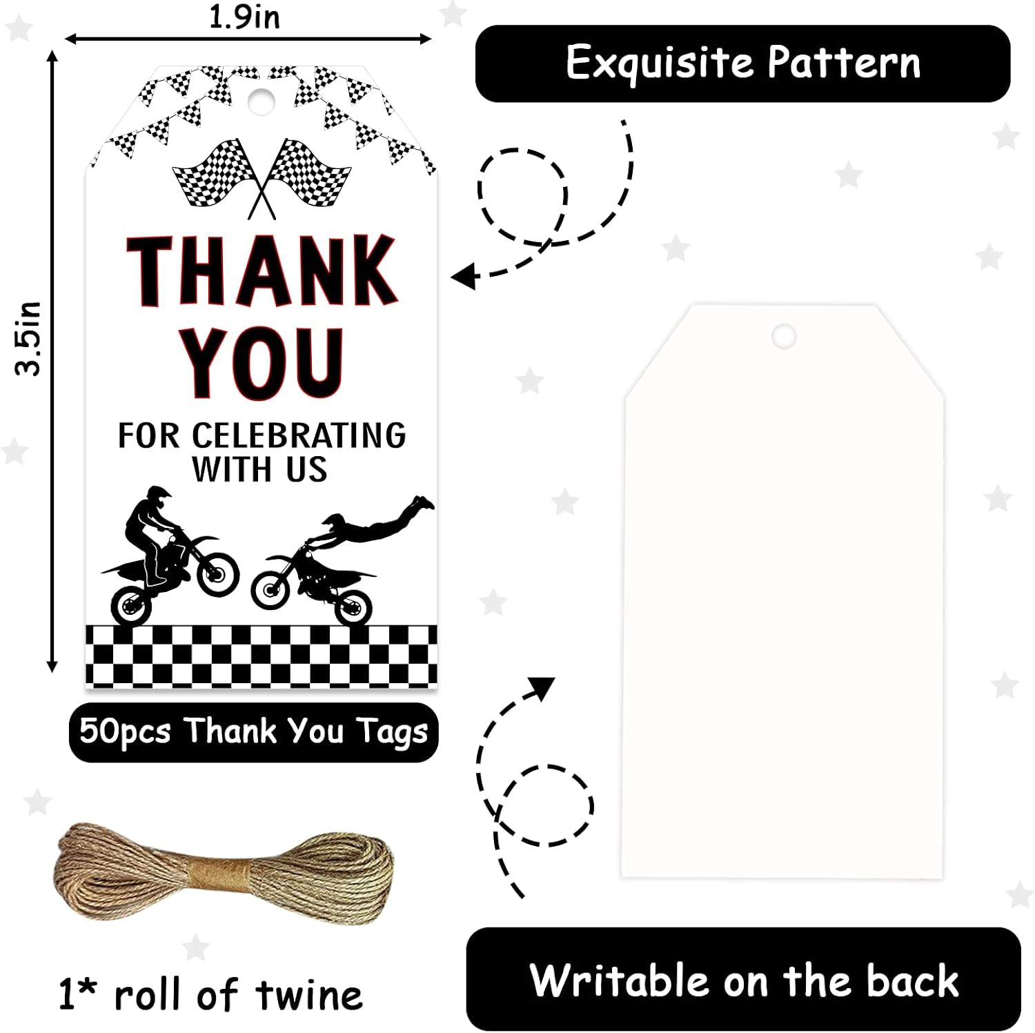 Motocross Thank You Tags 50pcs 3.5x2in Motorcycle Racing Party Favor Cards for Boys Man Birthday Celebration Gift Tags with String Extreme Sports Theme Decor Supplies image 4
