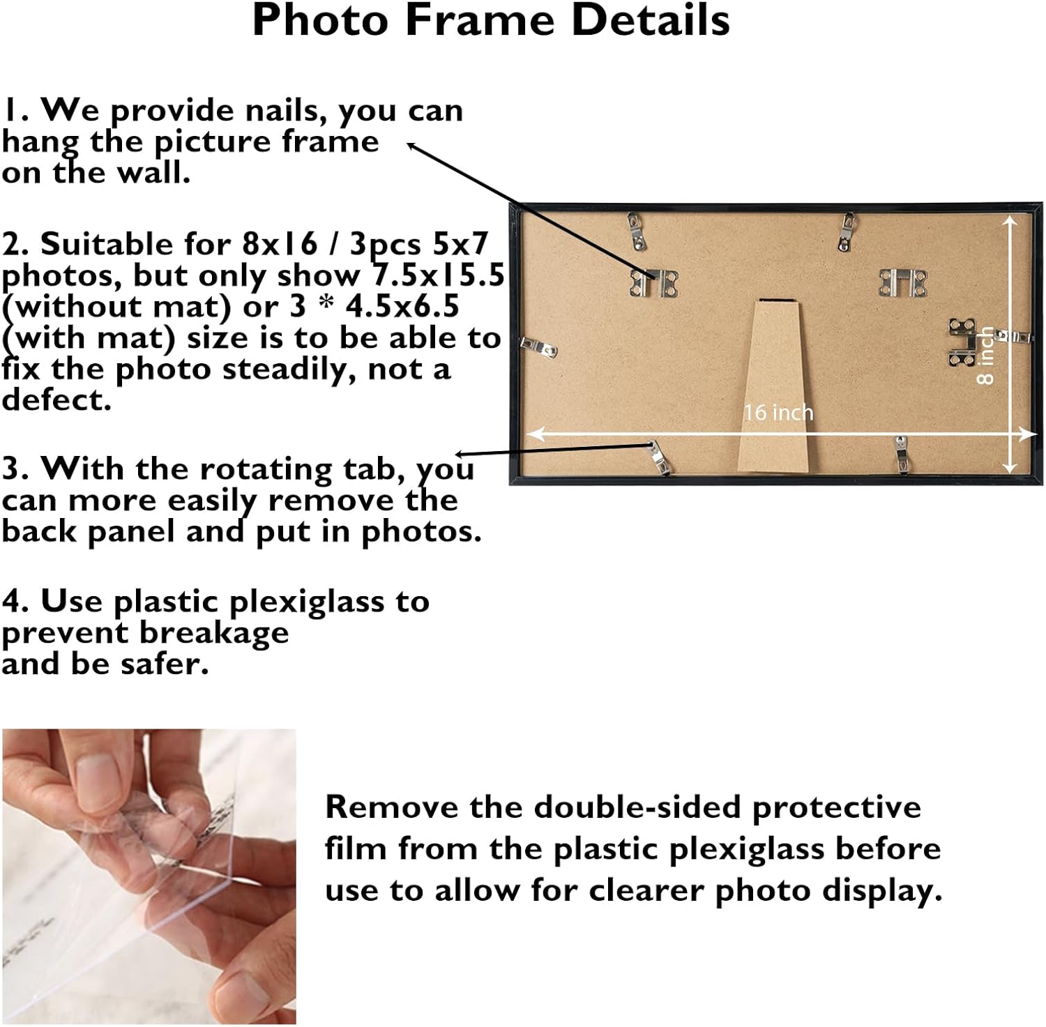 8x16 Picture Frame, 5x7 Collage Picture Frame, Display 3 Pcs 5x7 Photos or 8x16 Picture, 3 Opening 5x7 Collage Frame for Wall Hanging or Tabletop, Lightweight 5 x 7 Multi Photo Frame, Black - Image 5