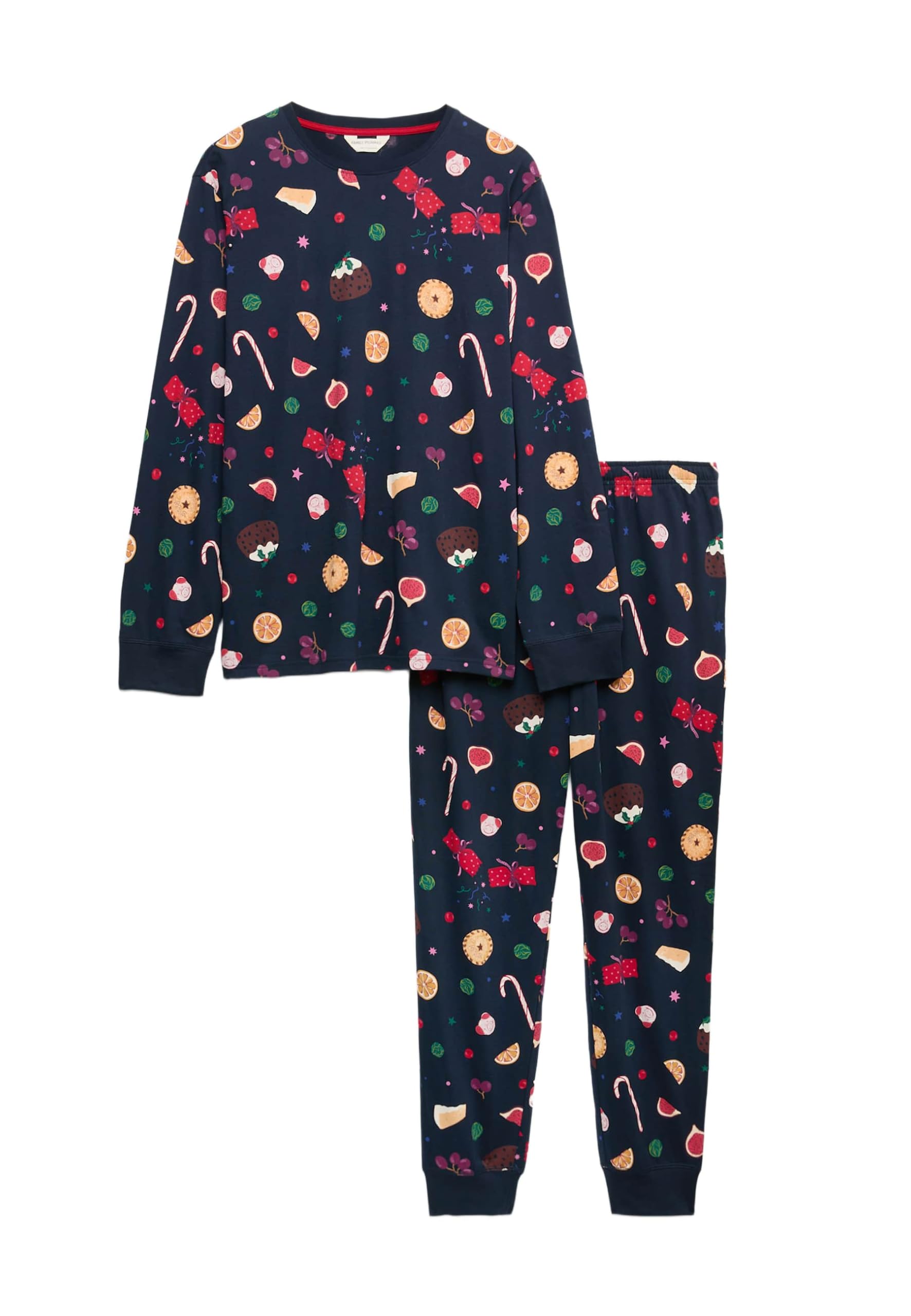Marks & Spencer Conjunto de Pijama Navideño Familiar con Motivo de Cena Festiva de Algodón Puro para Hombre, Ajuste Normal, Cintura con Cordón, con Bolsillos